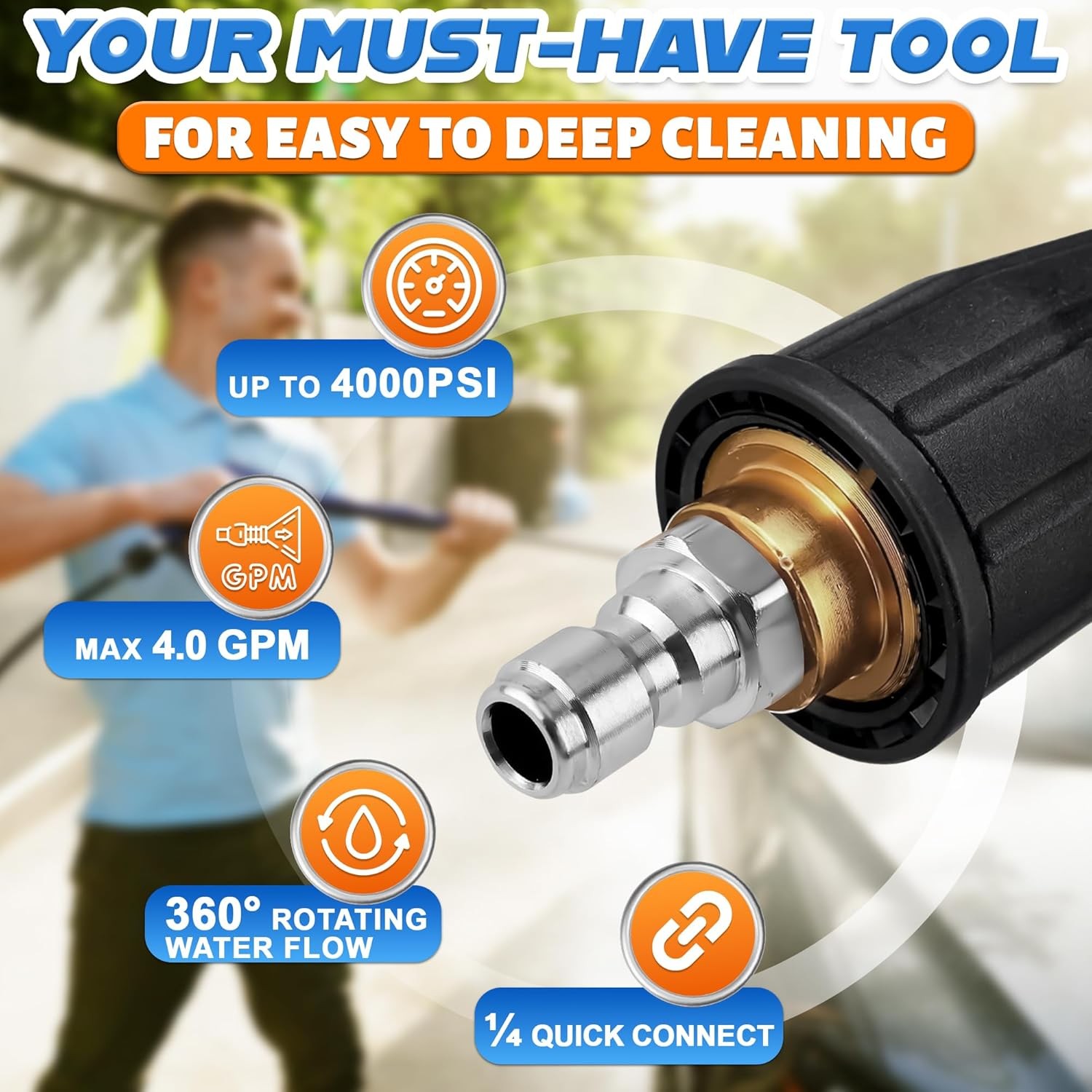Turbo Nozzle Pressure Washer Tips 360° Rotating 4000 PSI 4.0 GPM 1/4” Quick…