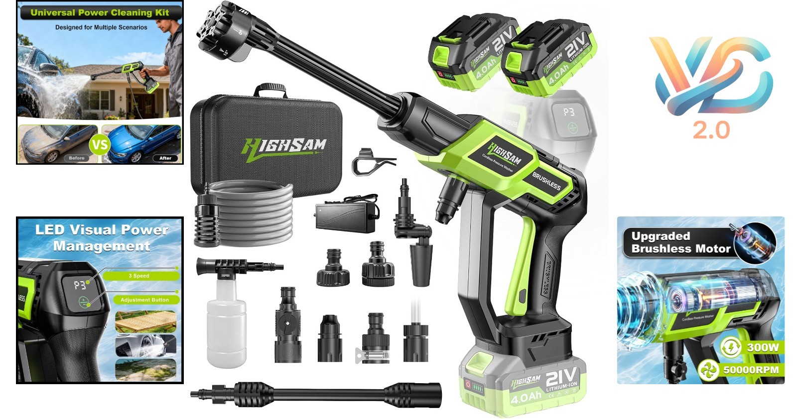 Cordless Car Washer Portable Electric Brushless Motor 16ft Hose 6-in-1