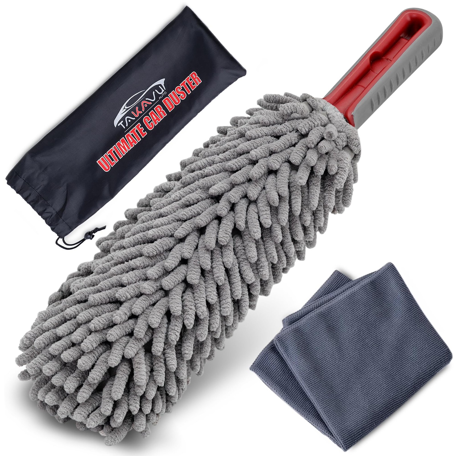Car Duster Interior by TAKAVU, 360° Microfiber Chenille with Towel, Gray