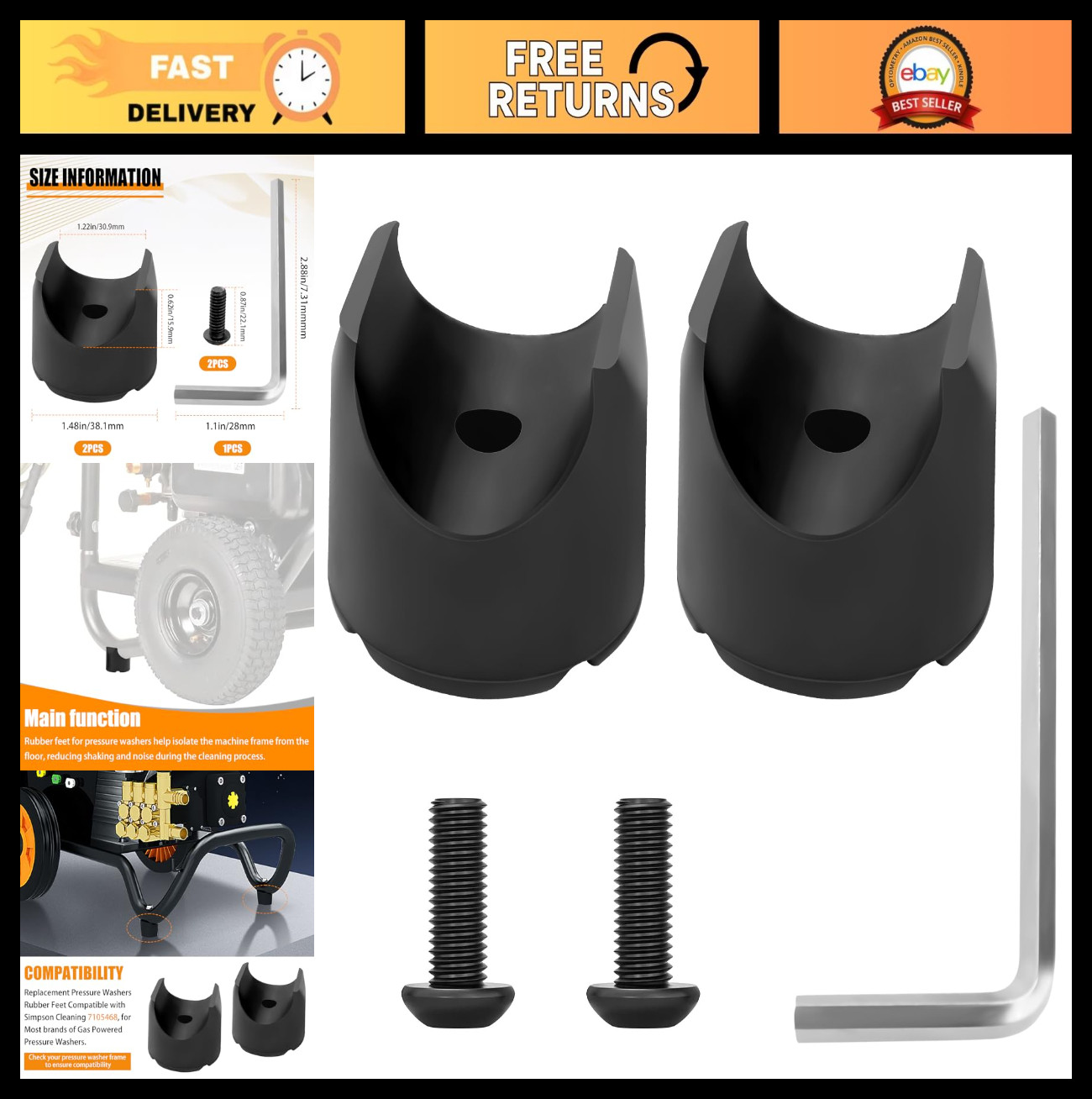 Rubber Feet for Gas Powered Pressure Washers – Compatible with Most Brands, 2 Pc