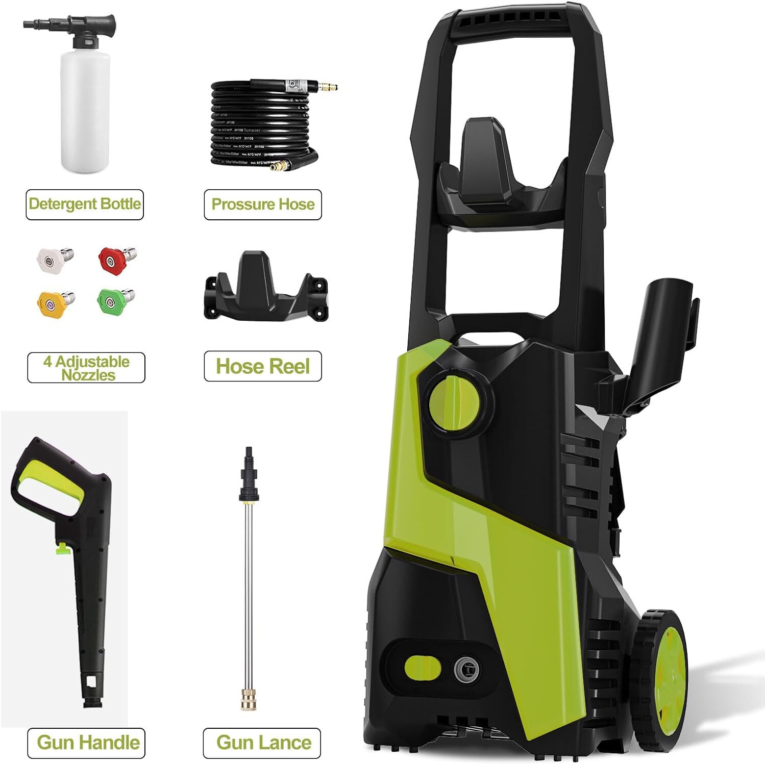 Electric Pressure Washer 1800psi, 1.5 gpm, 25FT Hose, Soap Tank, 4 nozzles, Cart