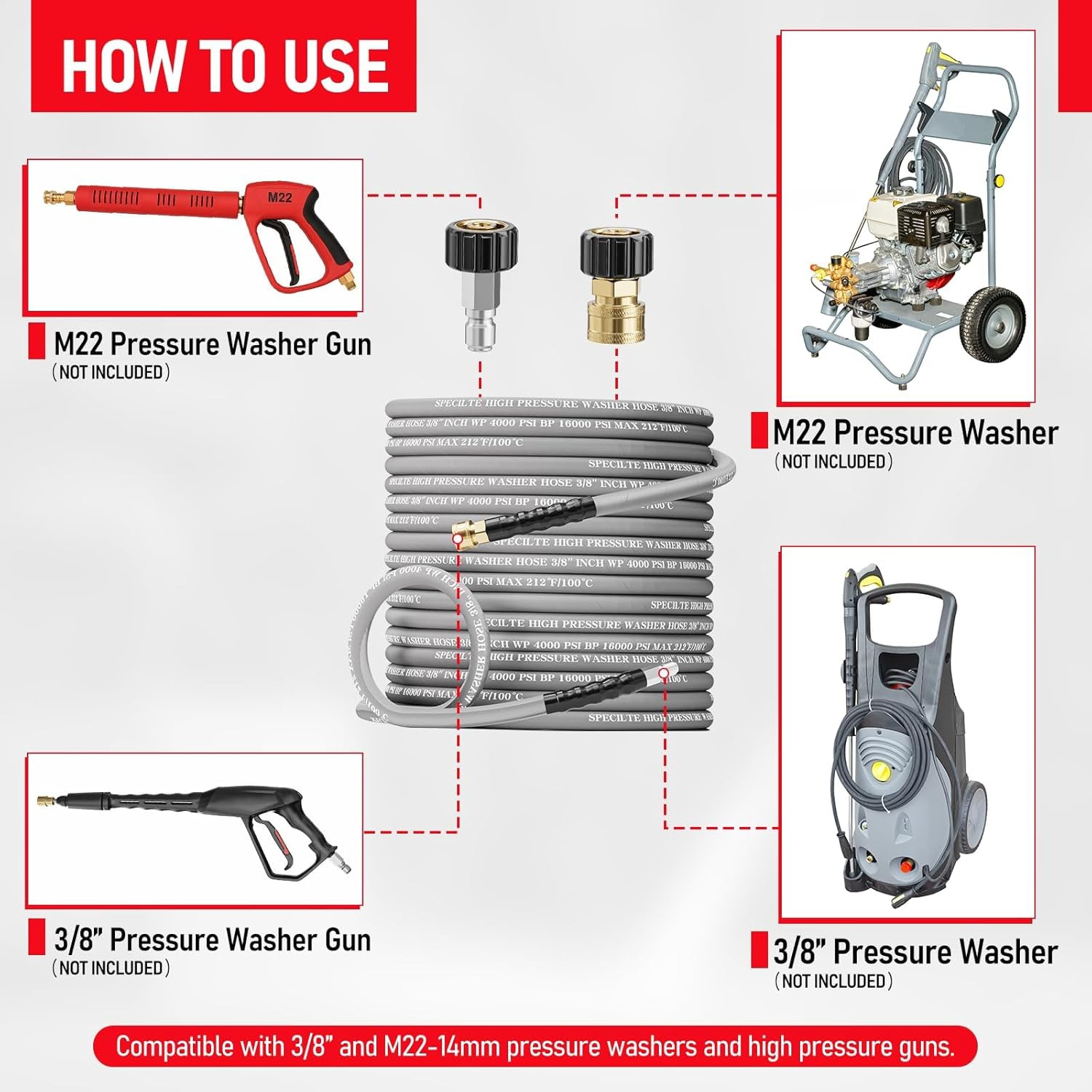 75FT Heavy Duty Kink Resistant Pressure Washer Hose 4000 PSI with Adapters