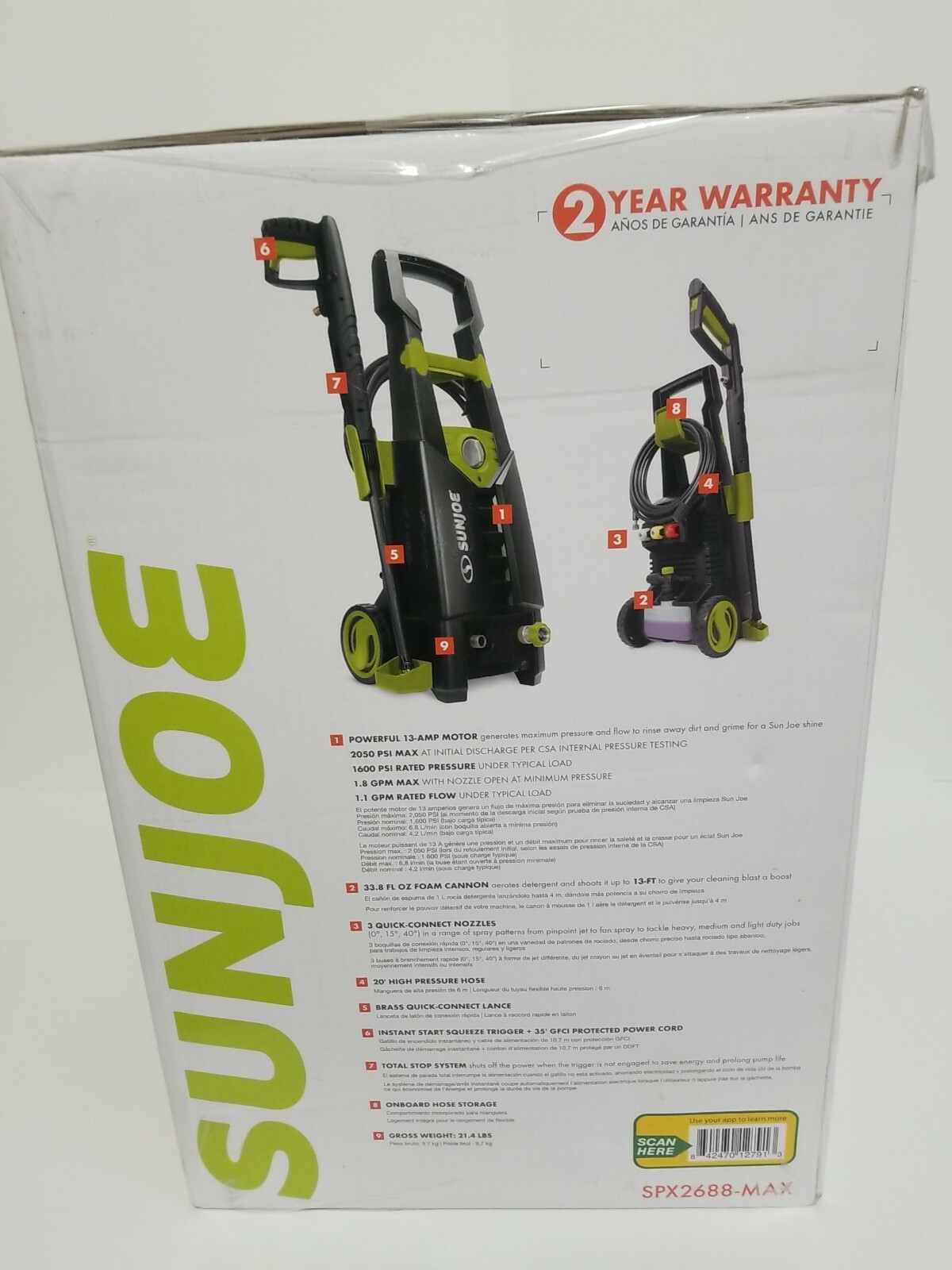 New SUN JOE Electric Pressure Washer SPX2688-MAX 13-Amp 2050 PSI MAX 1.8 GPM