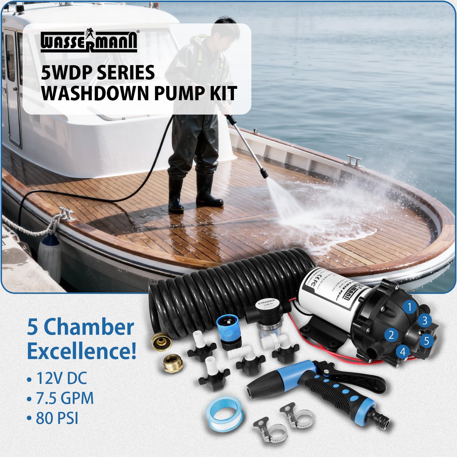 12V DC Washdown Pump Kit, 7.5GPM 80PSI, 5-Chamber Self-Priming Diaphragm Pump…
