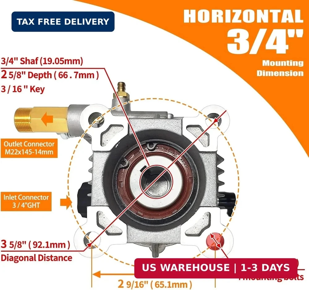 2400-2800PSI Pressure Washer Replacement Pump, 3/4″ Shaft Horizontal Pressure Pu