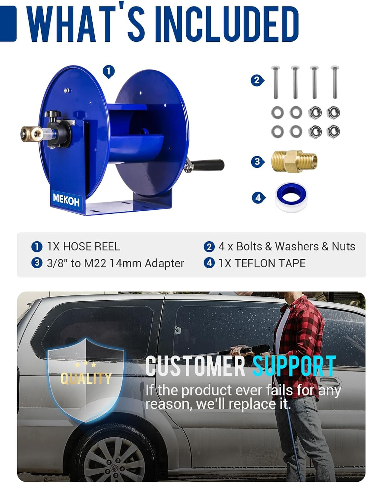 MEKOH Pressure Washer Hose Reel 100FTx3/8”, 200FTx1/4” Manual Power Washer Hose