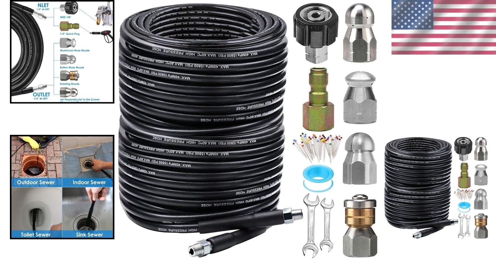 Elite 200ft Sewer Jetter Kit, 5800PSI Drain Cleaner, Quick Connect, 4 Nozzles