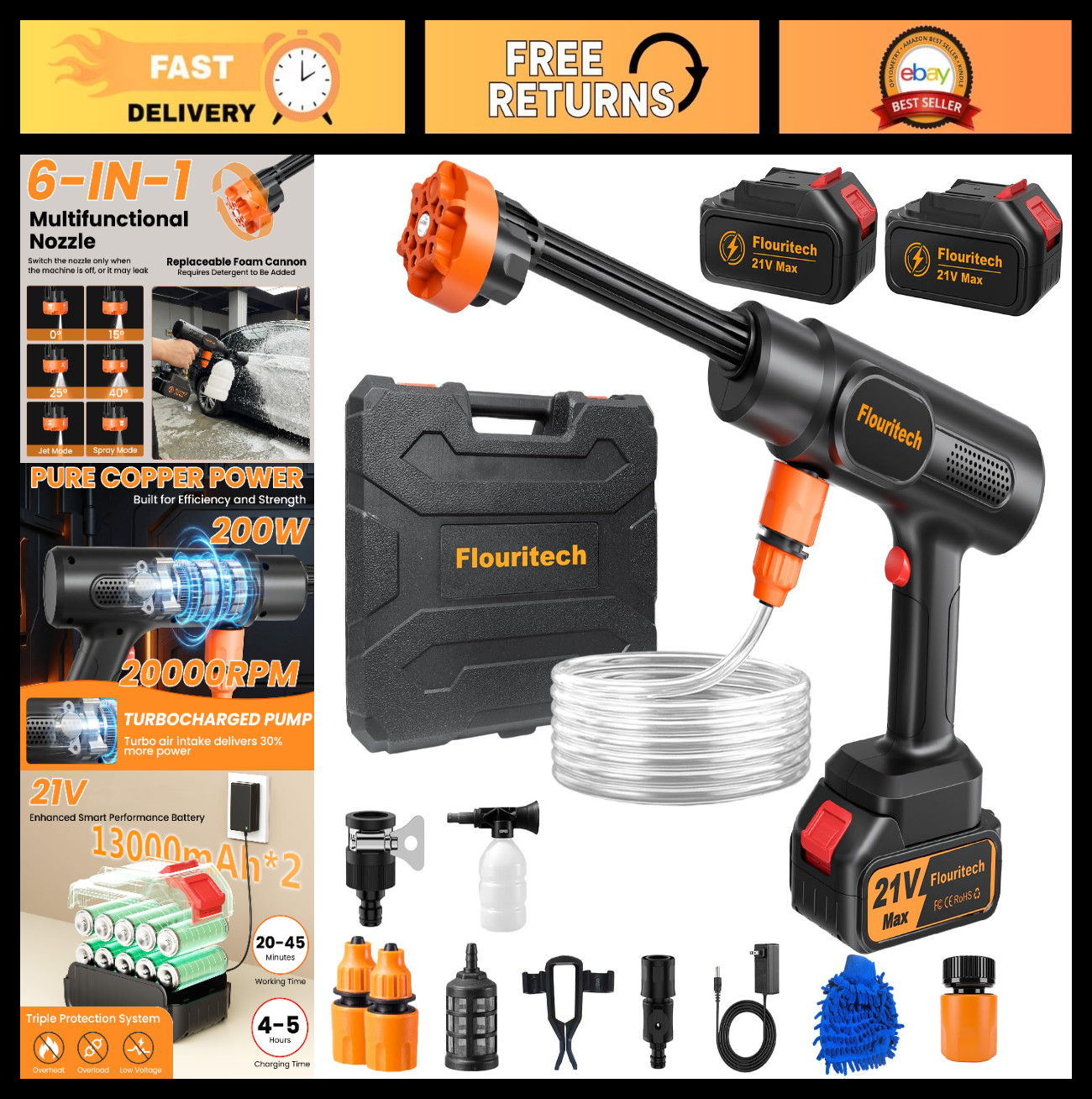 Portable Cordless Pressure Washer 1200 PSI – 6-in-1 Nozzle, 2 Batteries, Car & G