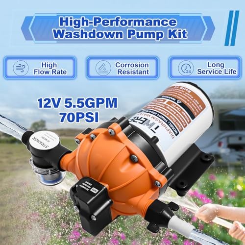 Upgraded 5.5 GPM 70 PSI Washdown Deck Wash Pump 12V RV Fresh Washdown Pump Kit