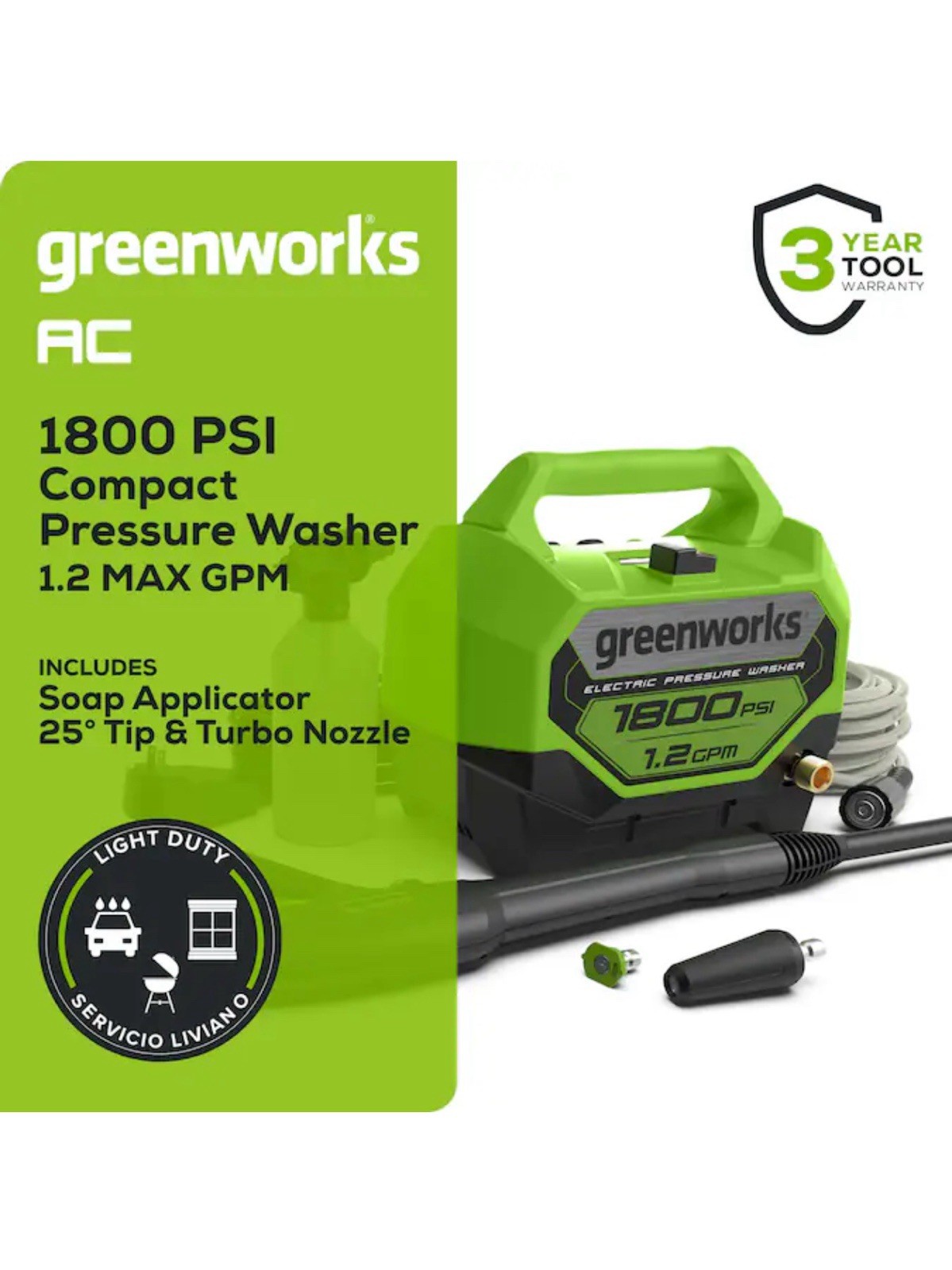 Greenworks 1800 PSI 1.2-GPM Cold Water Electric Pressure Washer and 2 Spray Tips