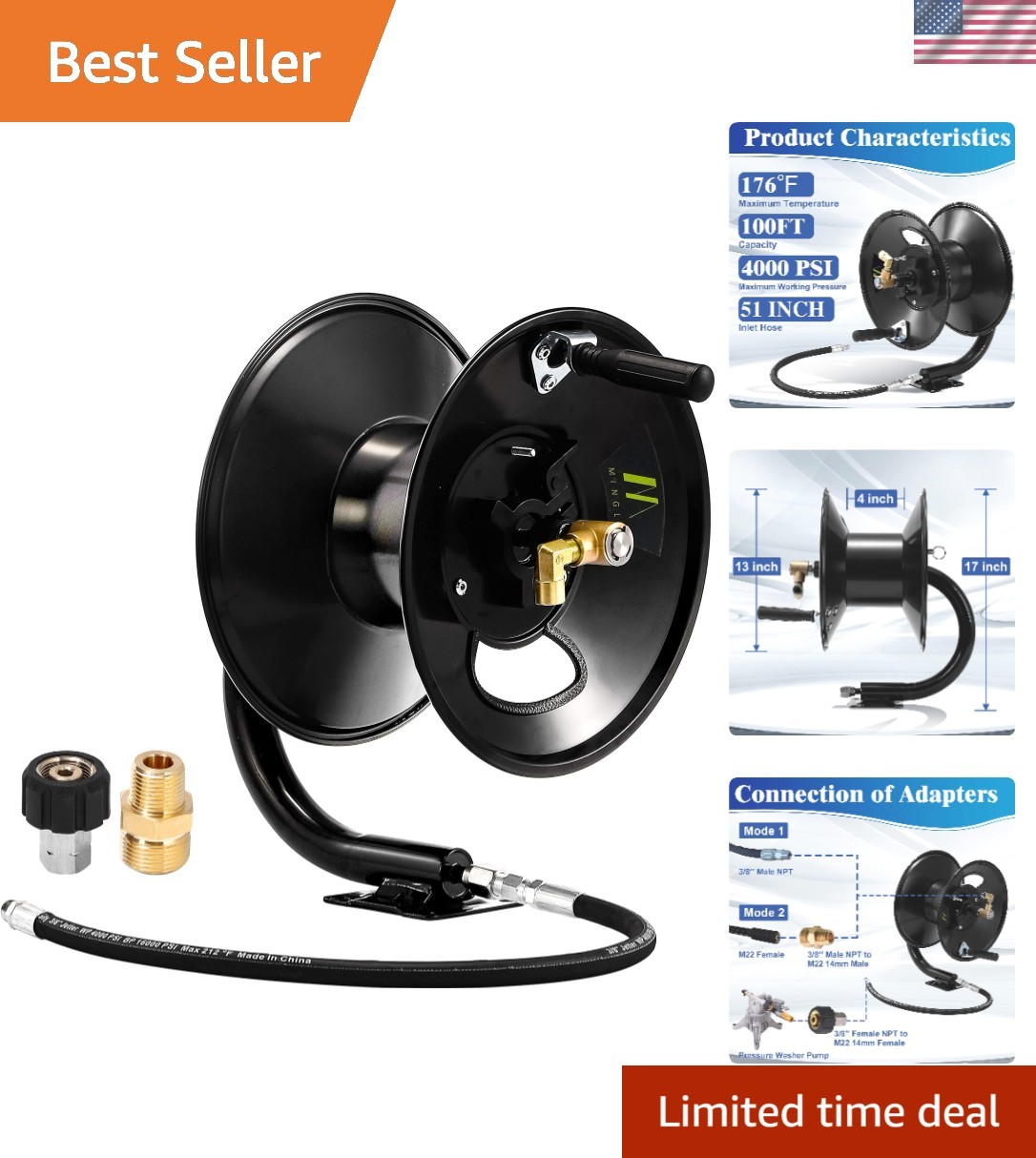 Corrosion-Resistant 100ft Steel Hose Reel with 3/8″ NPT Outlet – Easy Install