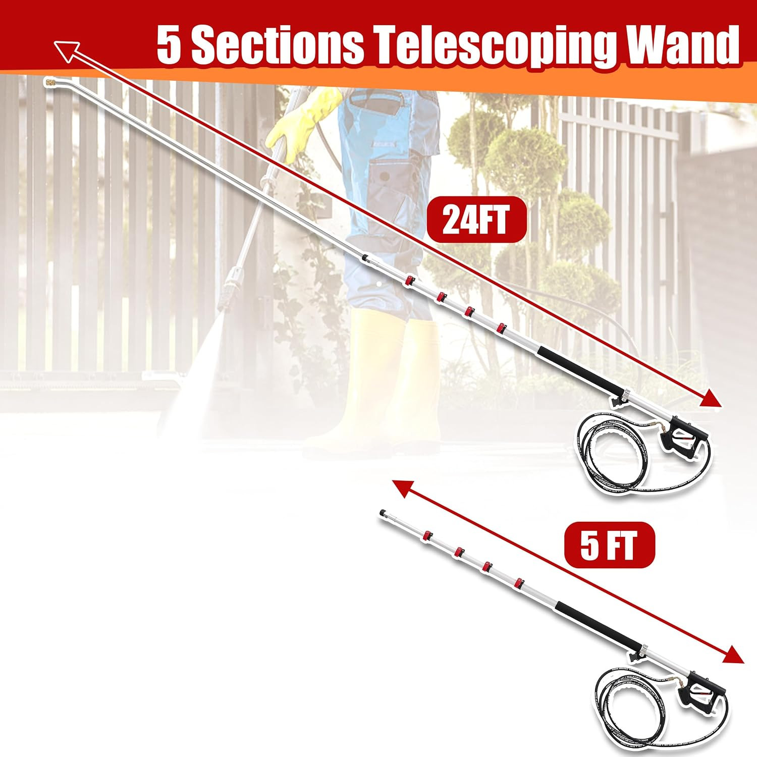 24 FT Telescoping Pressure Washer Wand, Pressure Washer Extension Wand, Telescop