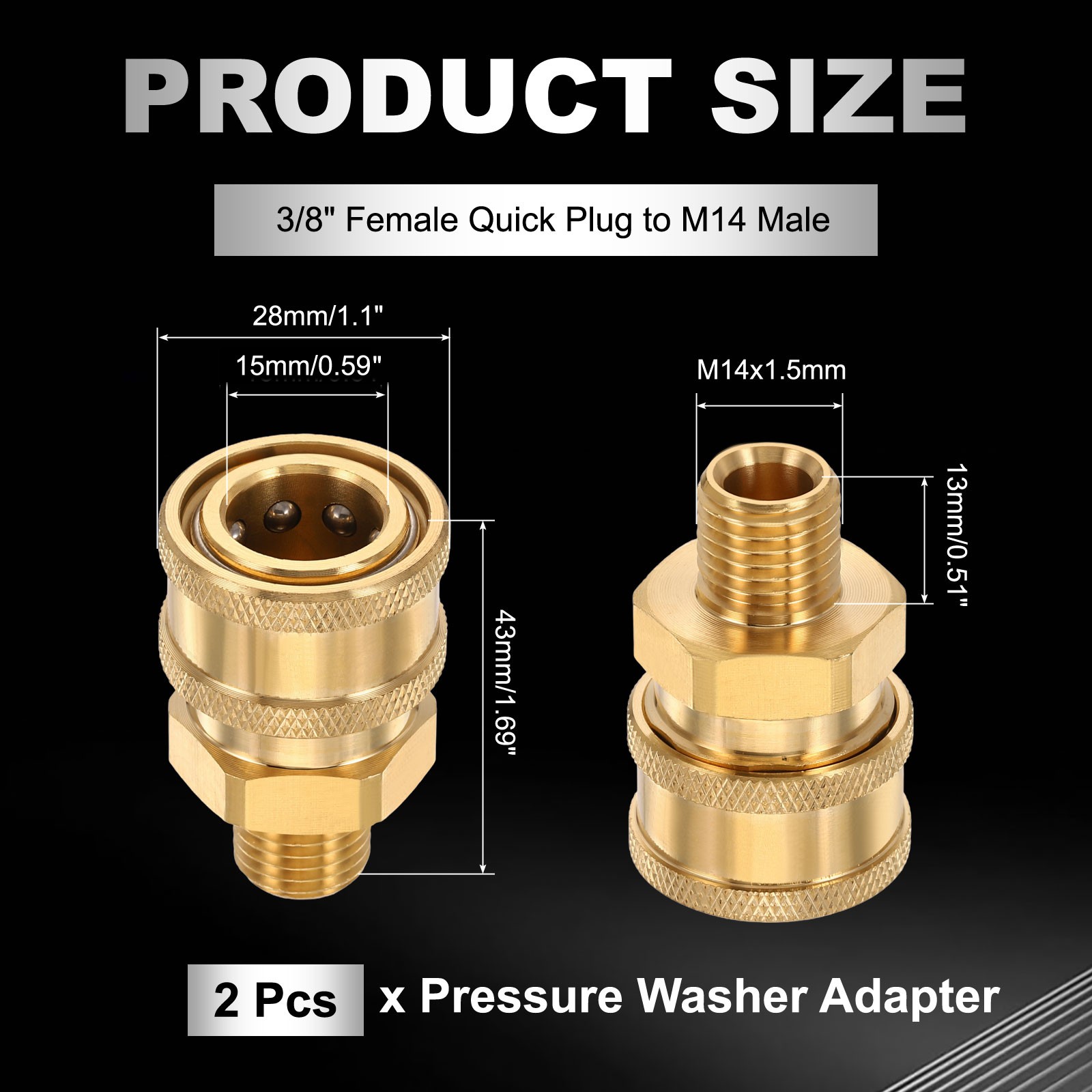 2 Pcs 3/8″ Female Quick Plug to M14 Male Pressure Washer Adapter Brass Flat