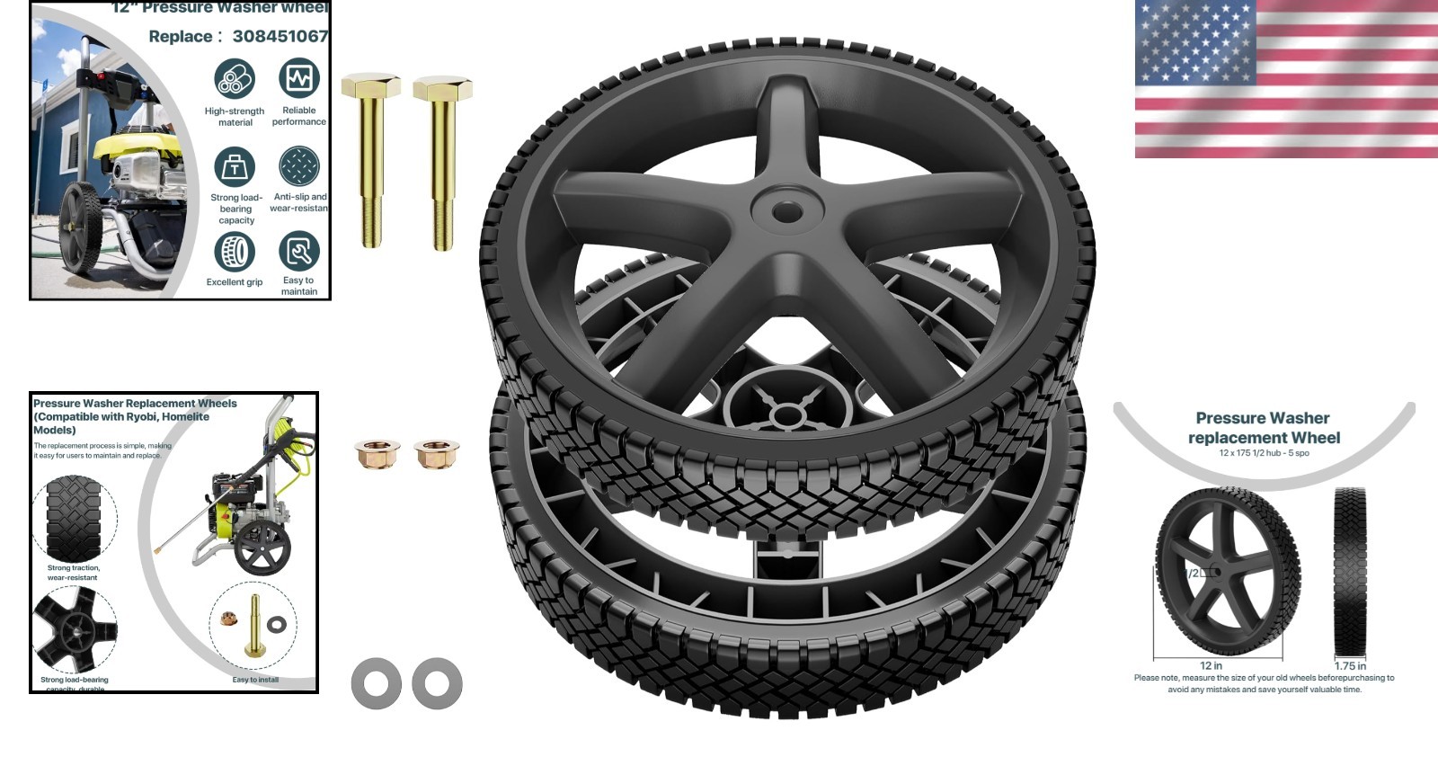 Durable 12″ Anti-Slip Pressure Washer Wheels – Fit for Ryobi, Homelite, BlackMax