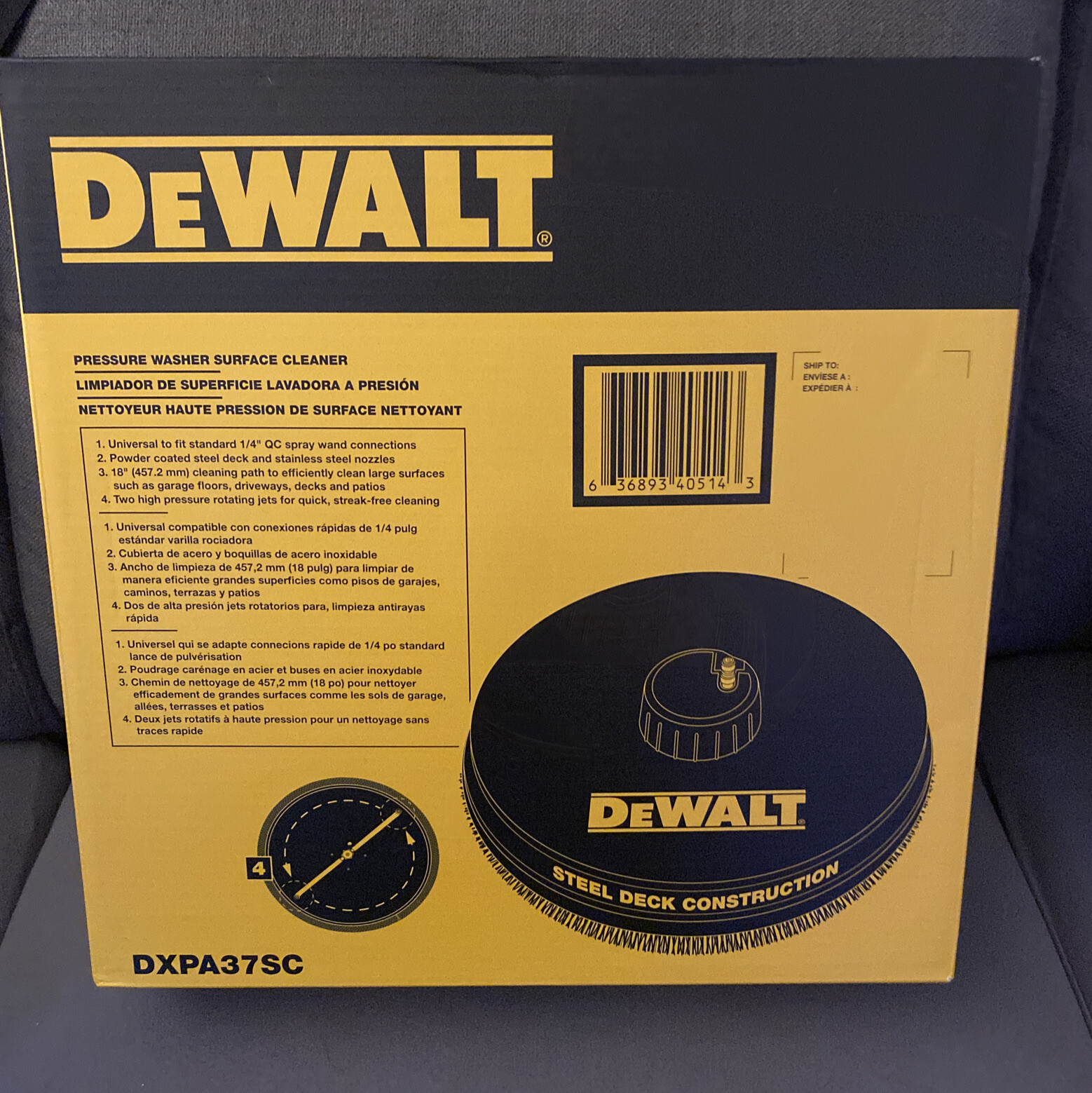 DEWALT DXPA37SC 18″ Surface Cleaner for Pressure Washer Steel Deck.