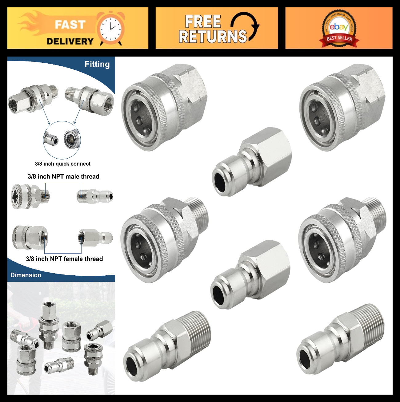 Pressure Washer Quick Connect Fittings Set, 3/8″ Stainless Steel Adapters, 8 Pie