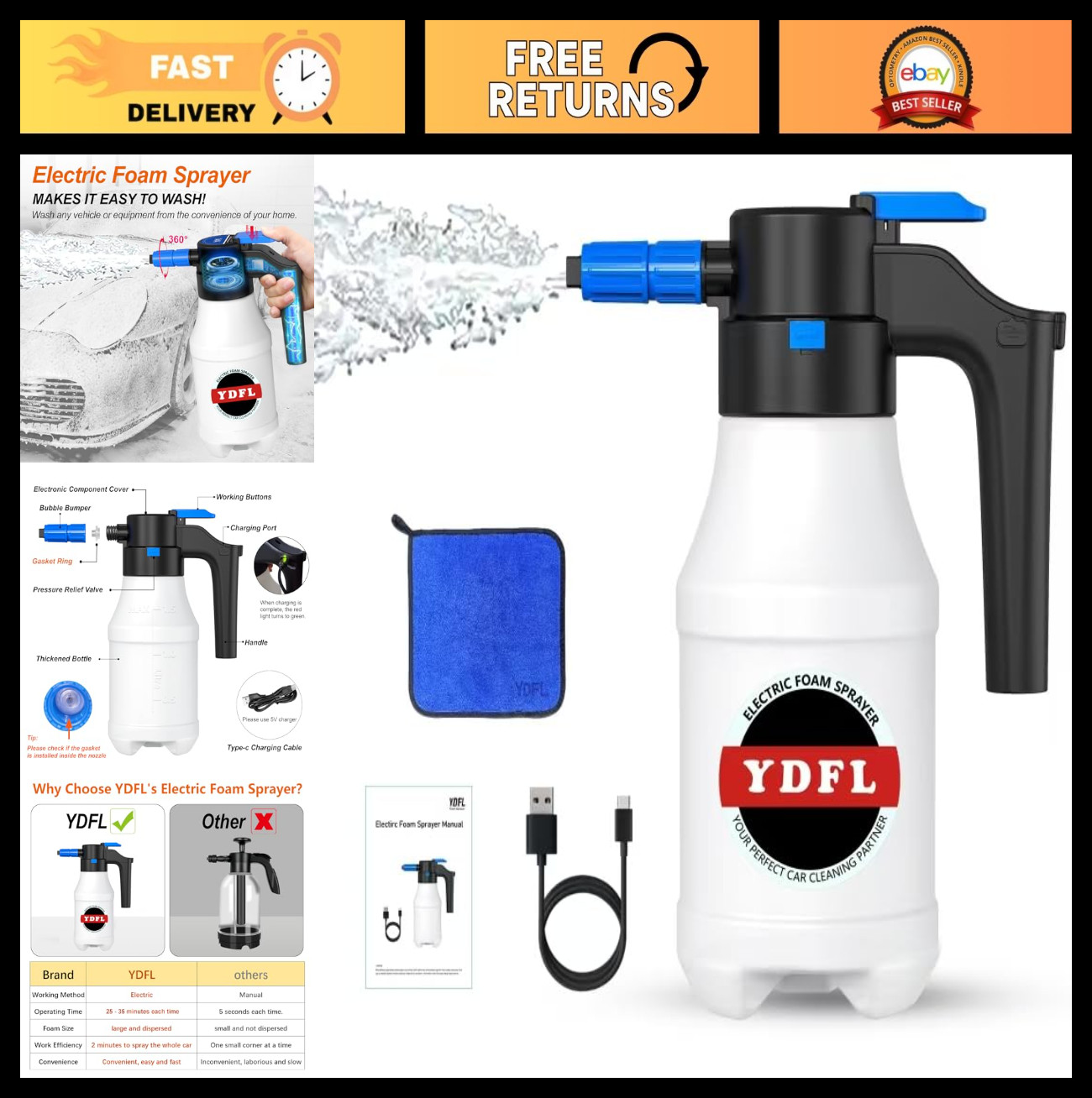 Electric Foam Sprayer 1.5L USB Pressurized Pump for Car Washing & Home Cleaning