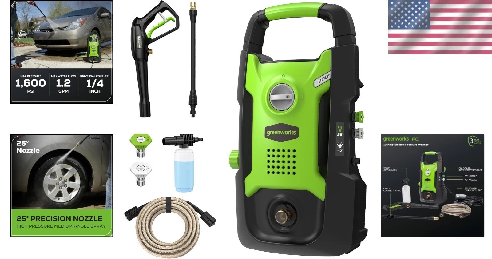Compact 1600 PSI Electric Pressure Washer 1.2 GPM Certified 35ft Power Cord