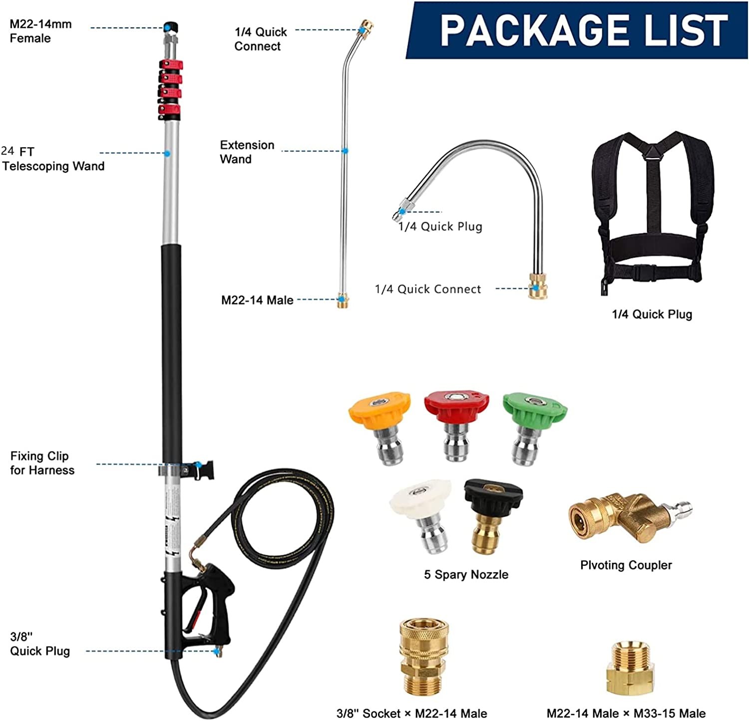 24FT Telescoping Pressure Washer Extension 4000PSI with 5 Spray Nozzle Portable