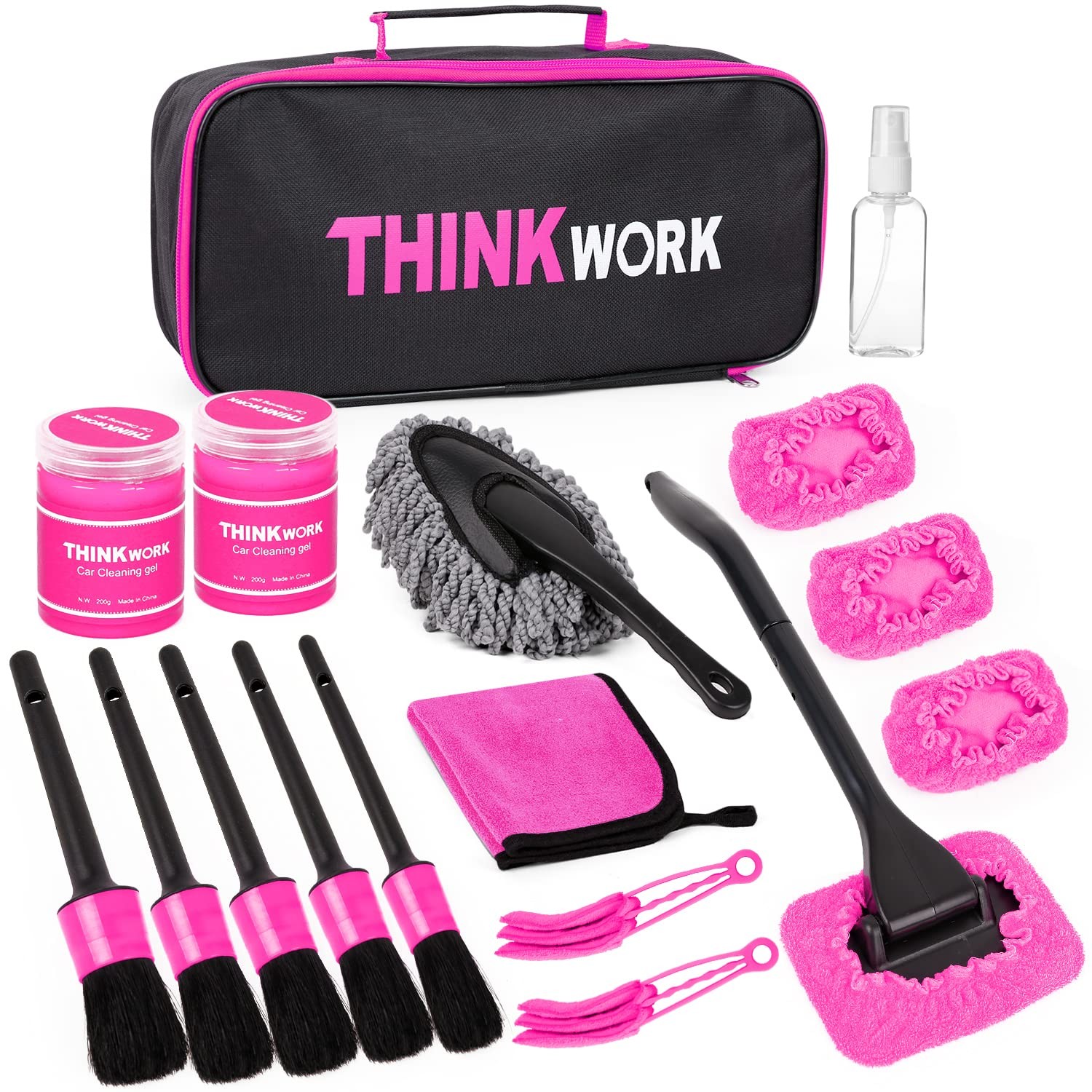 Pink Car Duster Interior Kit Detailing Brushes for Windows Dashboard Air Vents