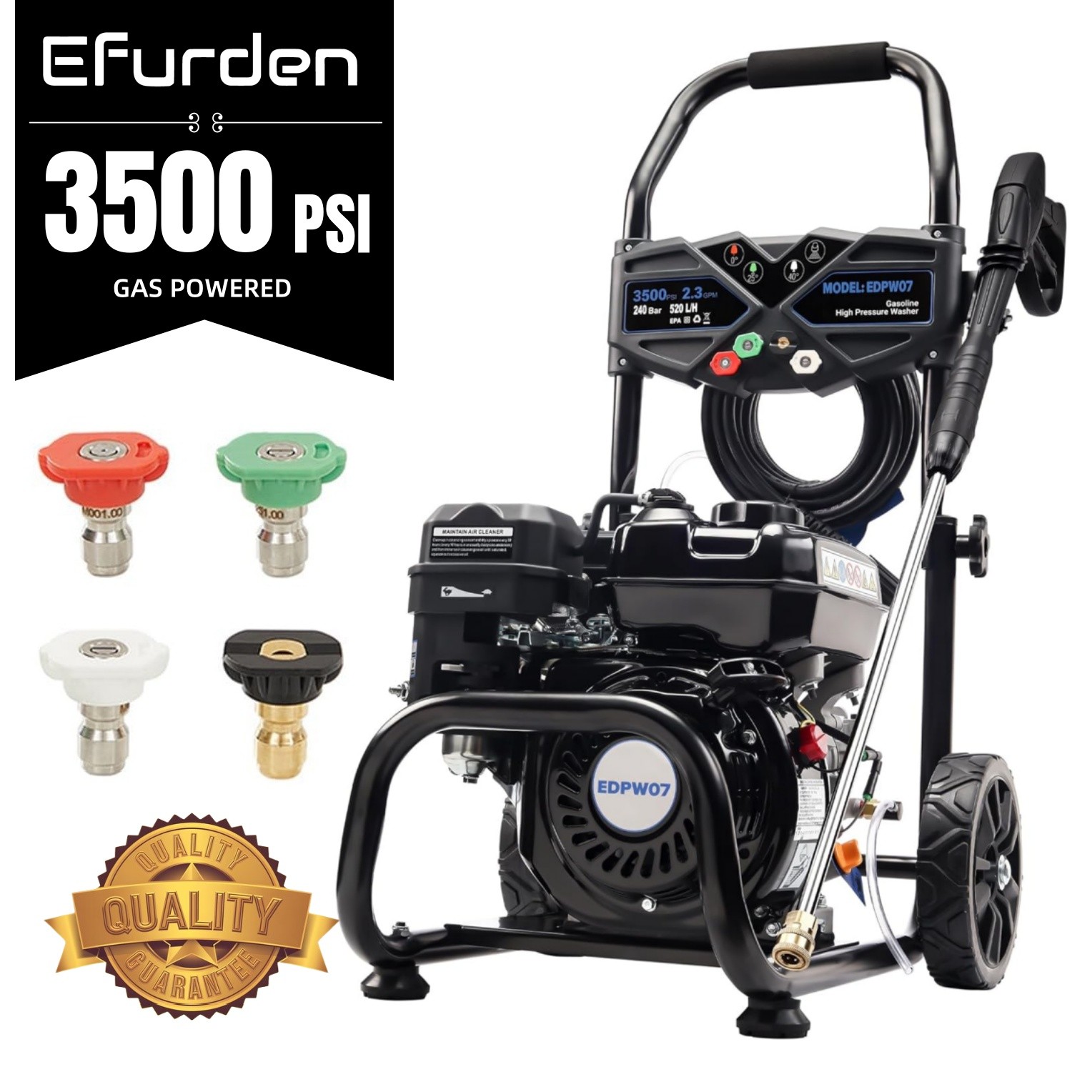 Efurden 3500 PSI Gas Pressure Washer 4 Nozzles Gas Powered Washer 2.3 GPM 209cc
