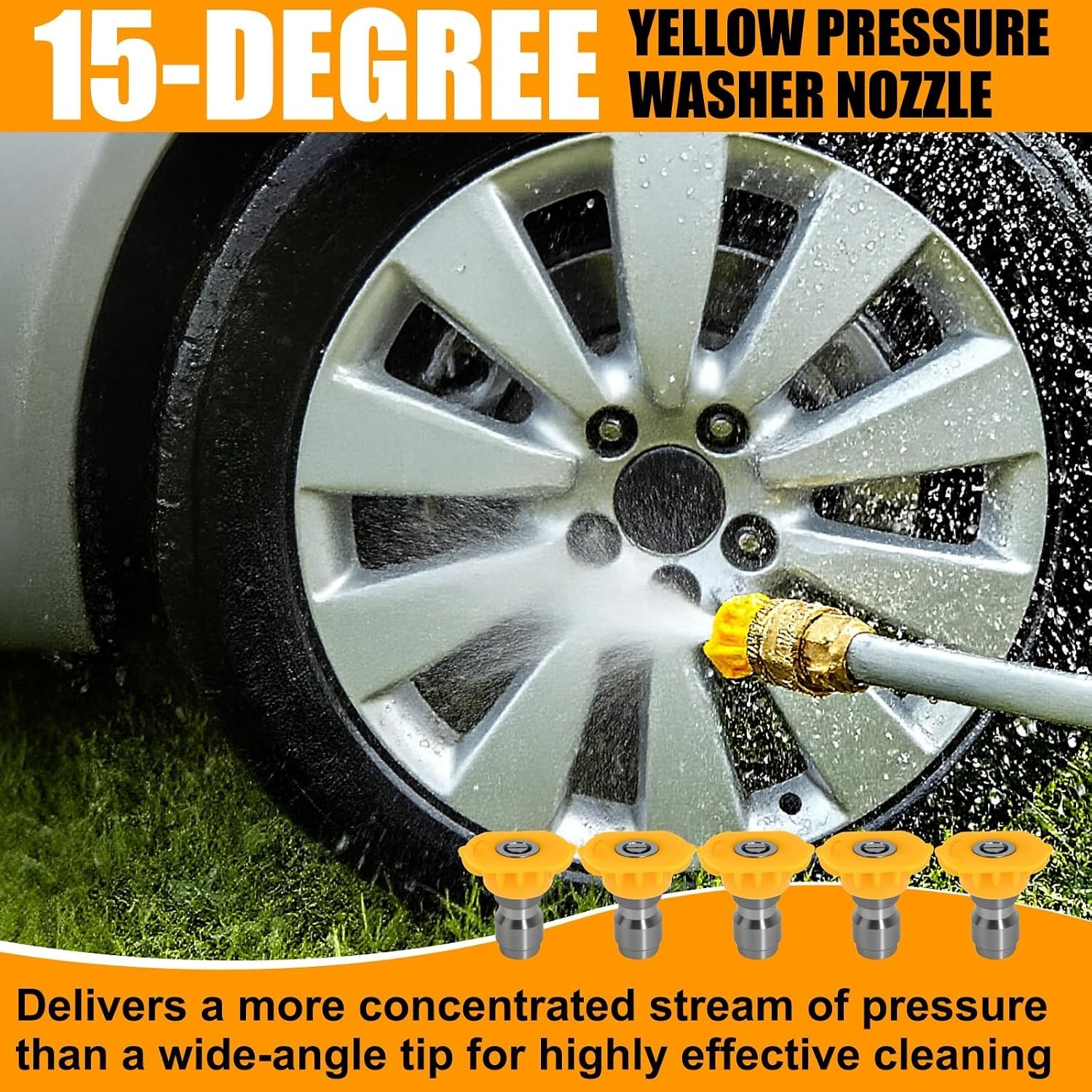 Pressure Washer Nozzle Tip 1/4″ 15 Degree Yellow Stainless Steel Pack of 5