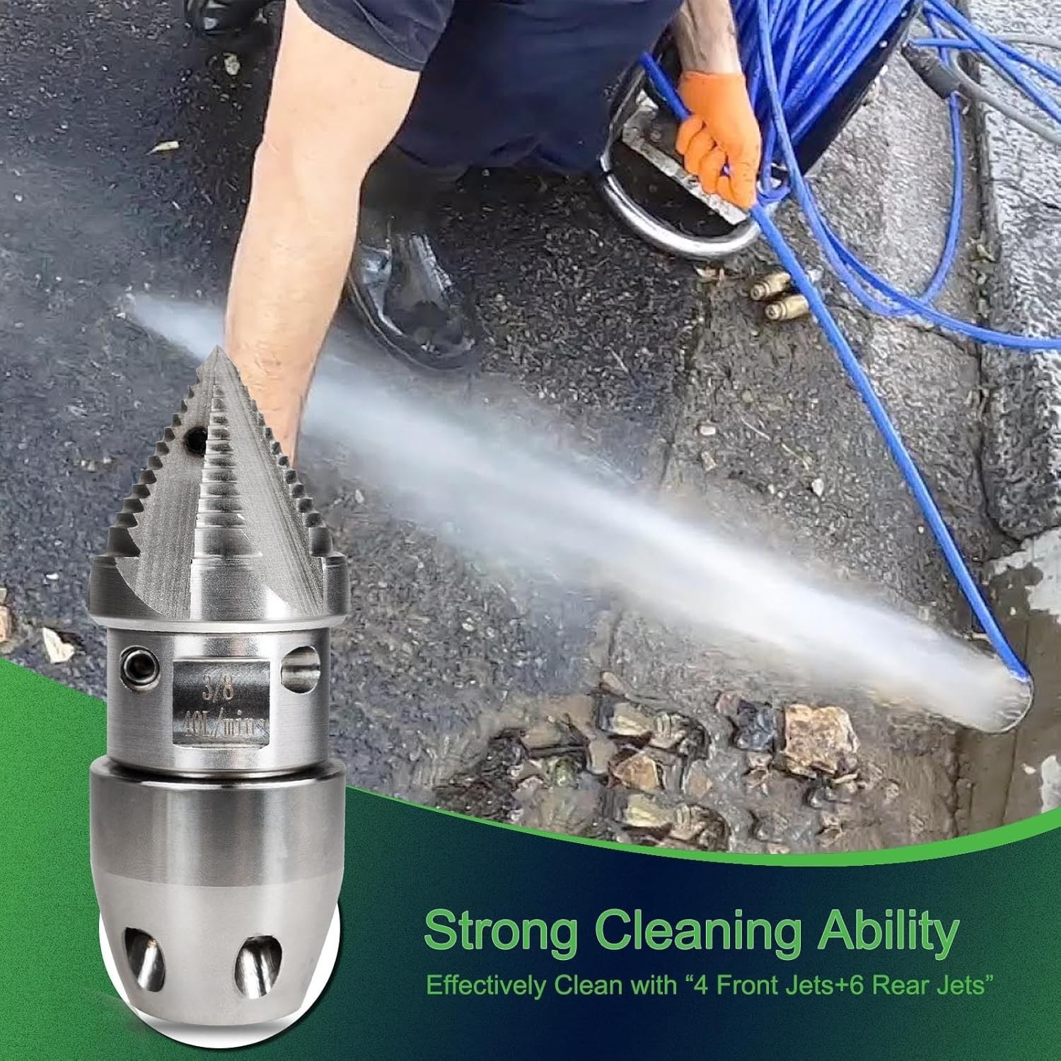 3/8 npt Sewer Jetter Nozzle for 2900 PSI, 40 L/min Pressure Washer – Stainless S
