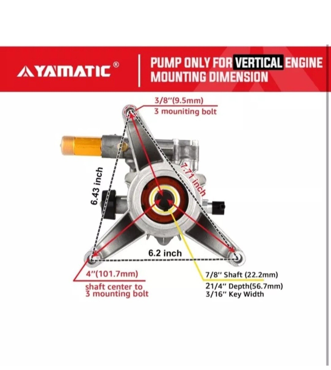 YAMATIC Pressure Washer Replacement Pump 7/8″Shaft Vertical 2500 PSI 2.0 GPM New