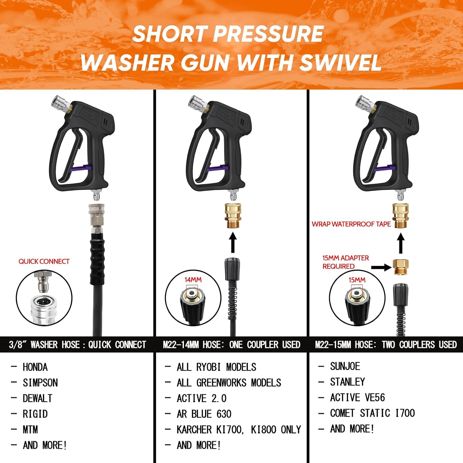 4500 PSI Short Pressure Washer Gun with Foam Cannon, 5 Nozzles, 1/4″ Quick Conne