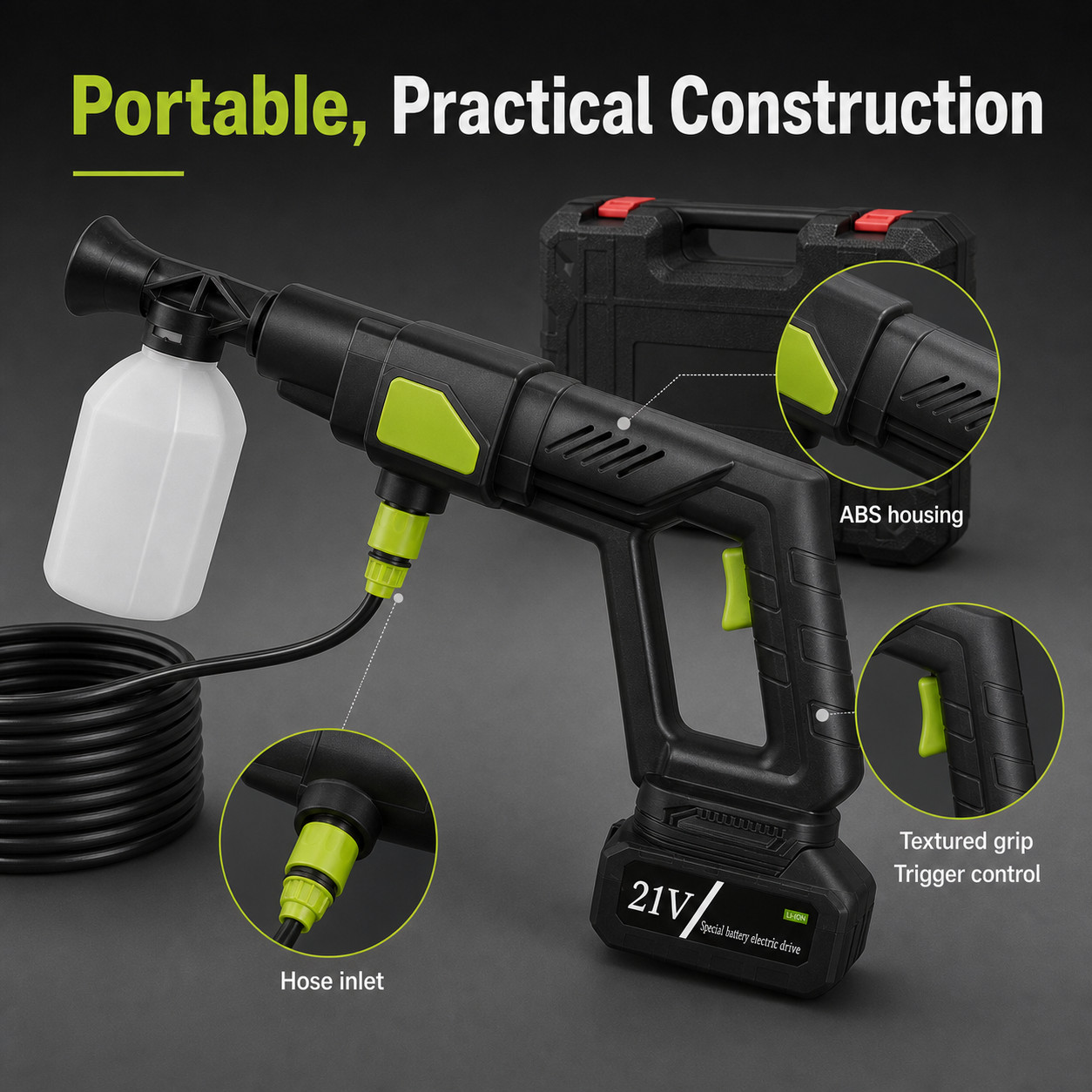 21V Cordless Pressure Washer Portable Power Cleaner Car Wash w/ Battery & Case