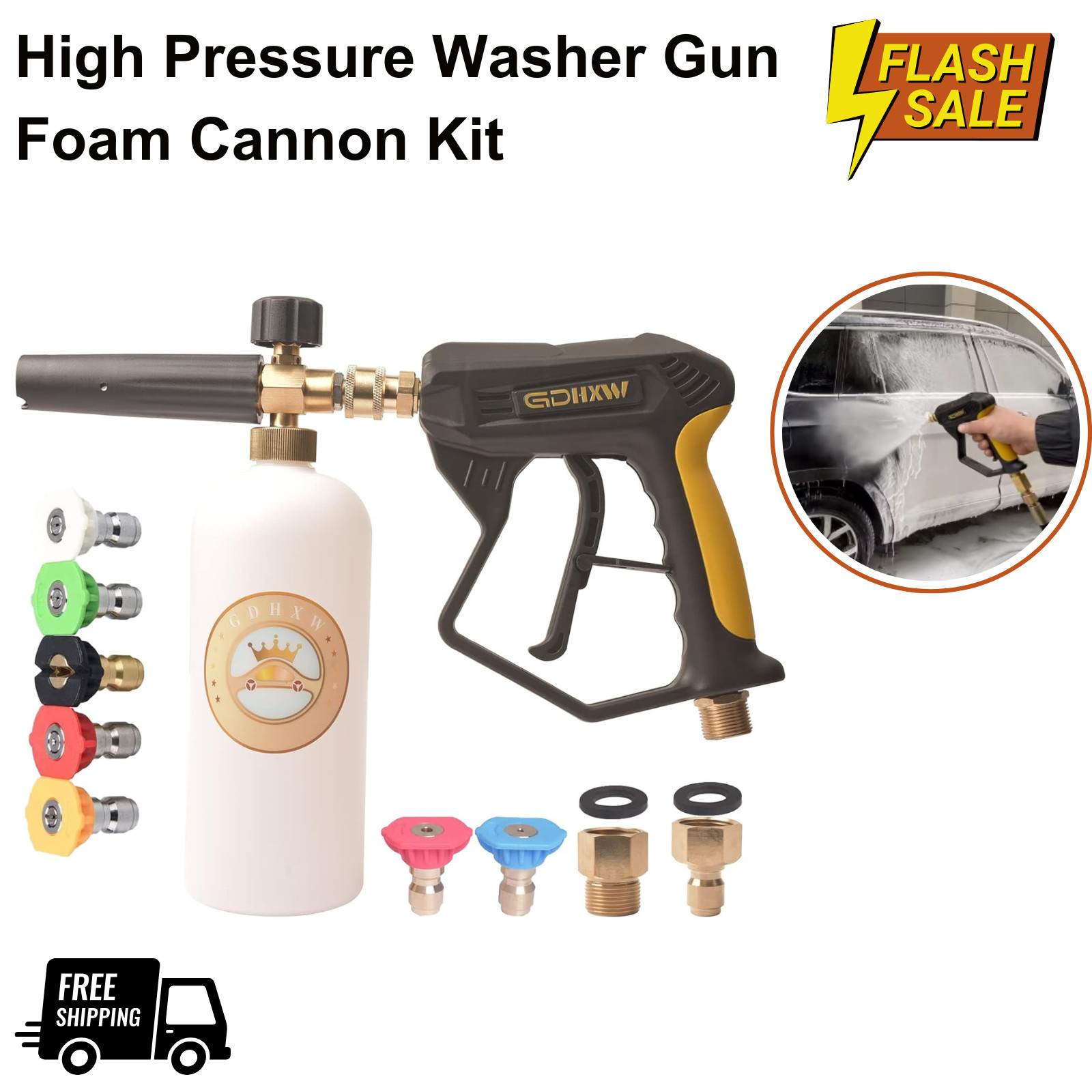 High Pressure Washer Gun Foam Cannon Kit, 7 Nozzles, 2 Adapters, 5000 PSI Max