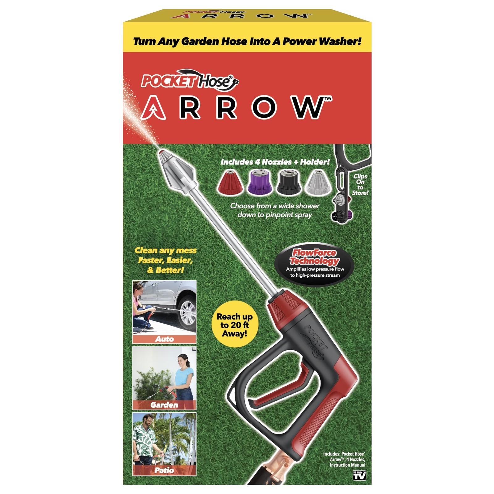 Pocket Hose Arrow Power Washer Garden Hose Nozzle Jet Spray Gun 4 Tips Cleaner