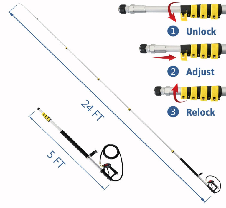24FT Telescoping Pressure Washer Wand Kit w/Gutter Cleaner & 5 Nozzle Tips