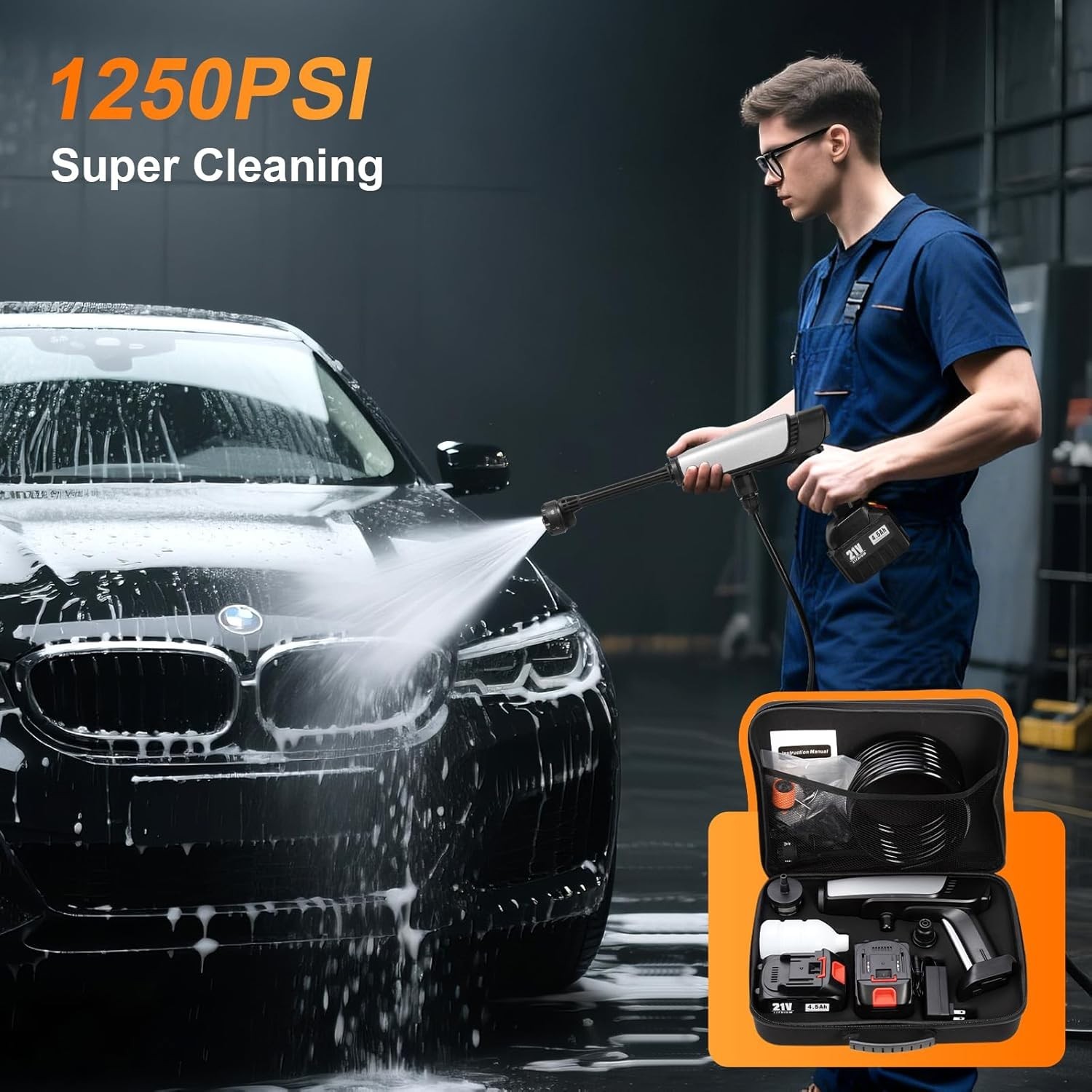 Cordless Power Washer, 2 Batteries, 6-in-1 Nozzle, 1250 PSI