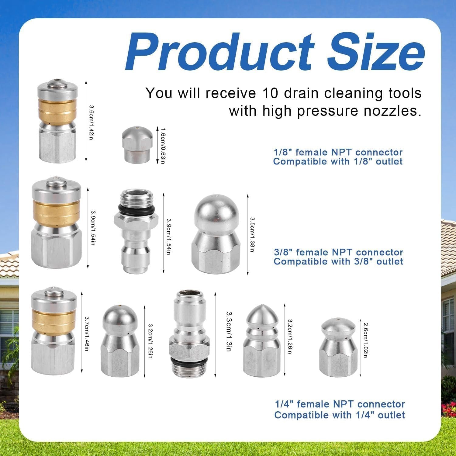 High-Pressure 10-Pc Sewer Cleaning Nozzle Set with Quick Connectors & Needles