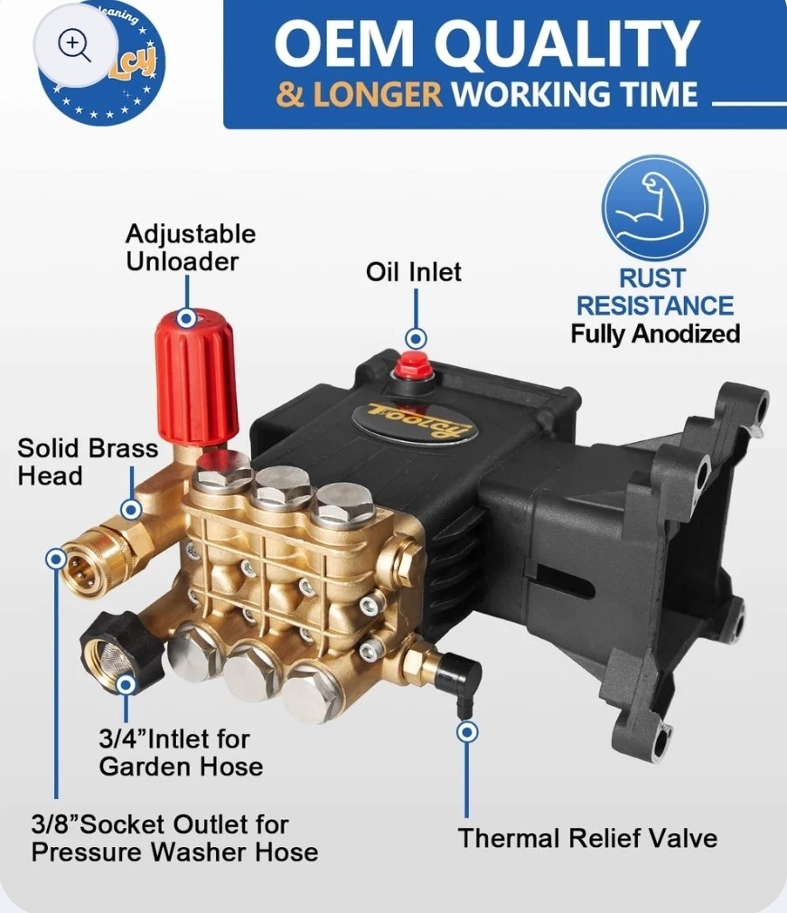 TOOLCY Pressure Washer Pump 3600-4400 PSI, 1″ Shaft Horizontal Plunger 4.2 GPM