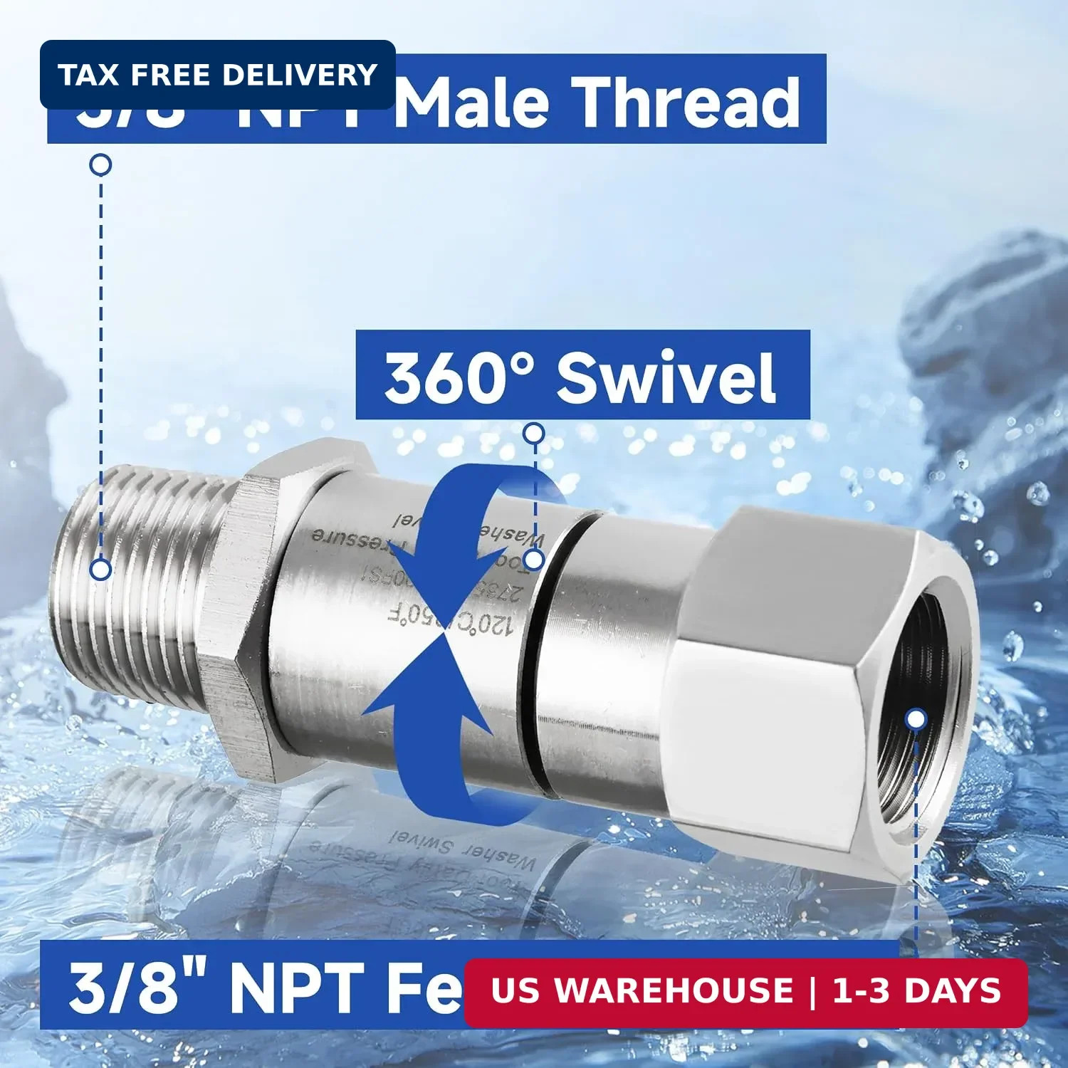 Pressure Washer Swivel 3/8 Inch NPT-M Male Thread 4000 PSI Stainless Steel