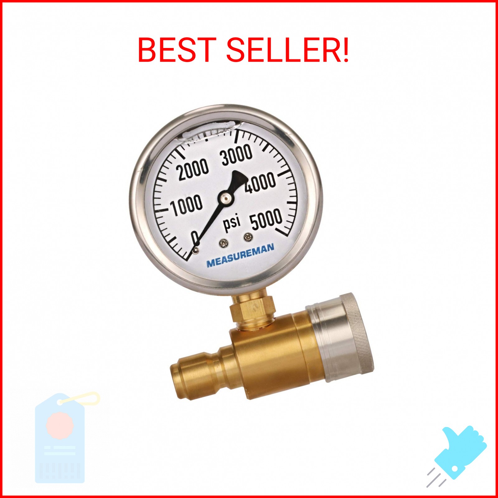 Measureman 2-1/2″ Pressure Washer Pressure Gauge Kit 3/8 Inch Quick Connect 0-50