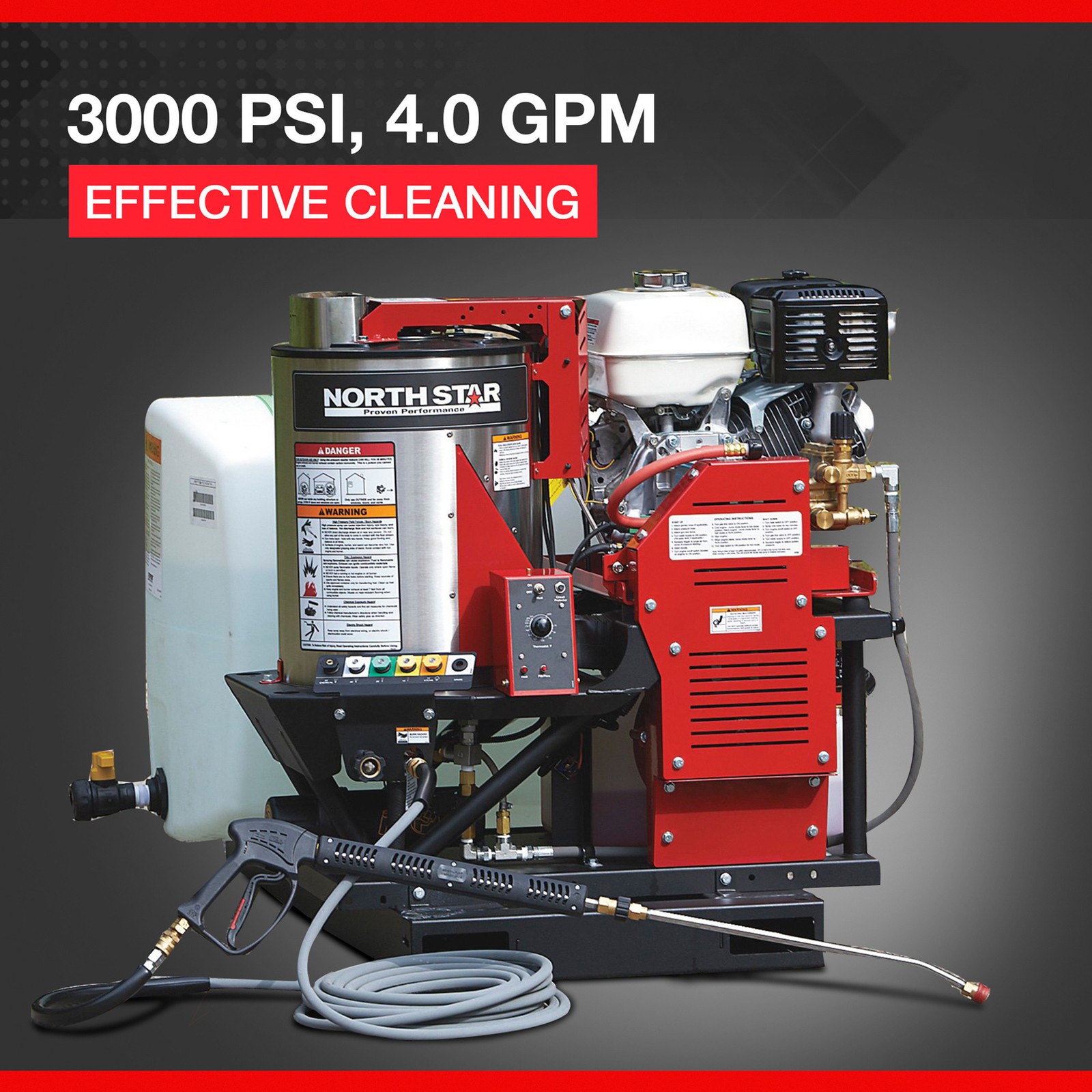 NorthStar Hot Water Pressure Washer Skid with Wet Steam, 3000 PSI, 4 GPM, Honda