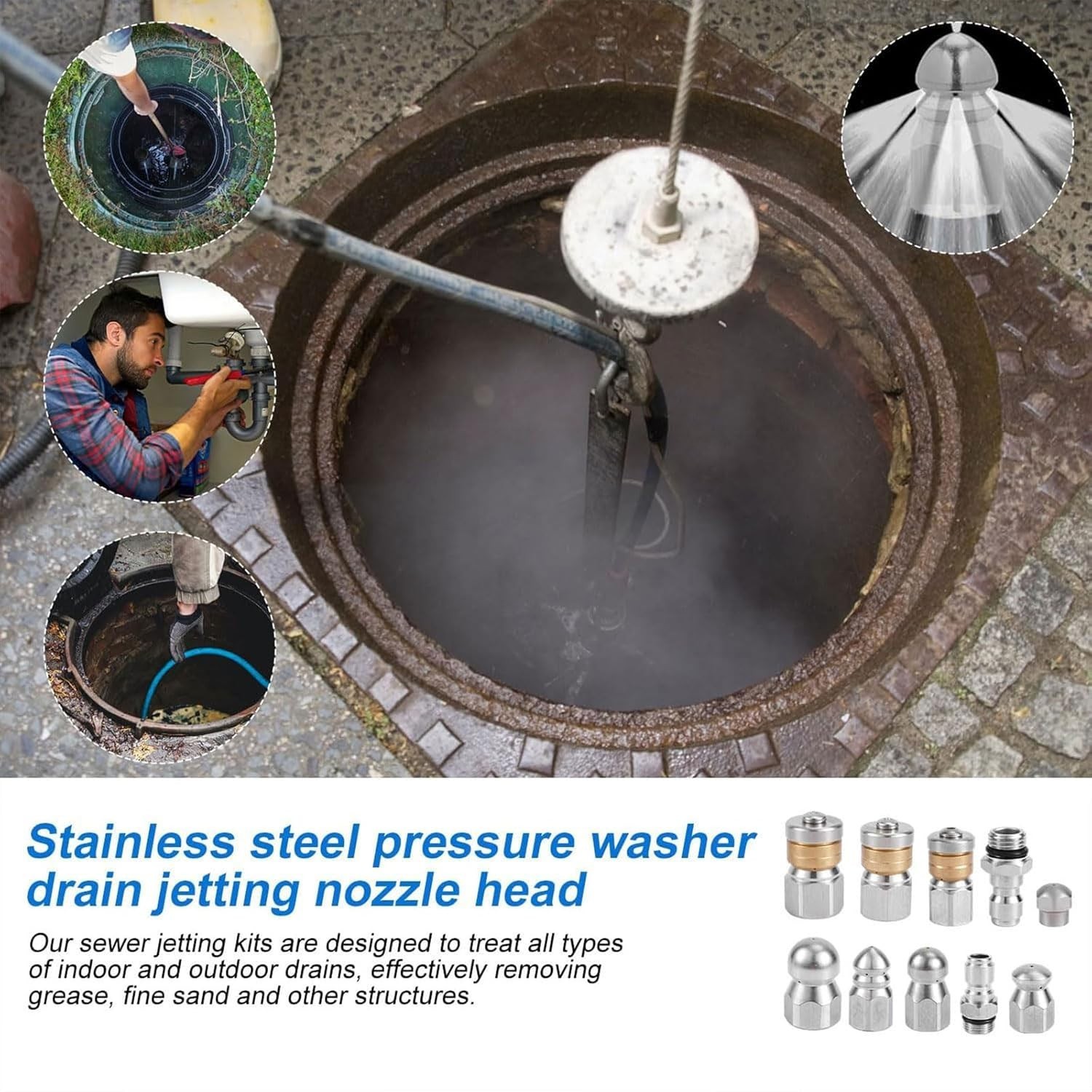High-Pressure 10-Pc Sewer Cleaning Nozzle Set with Quick Connectors & Needles