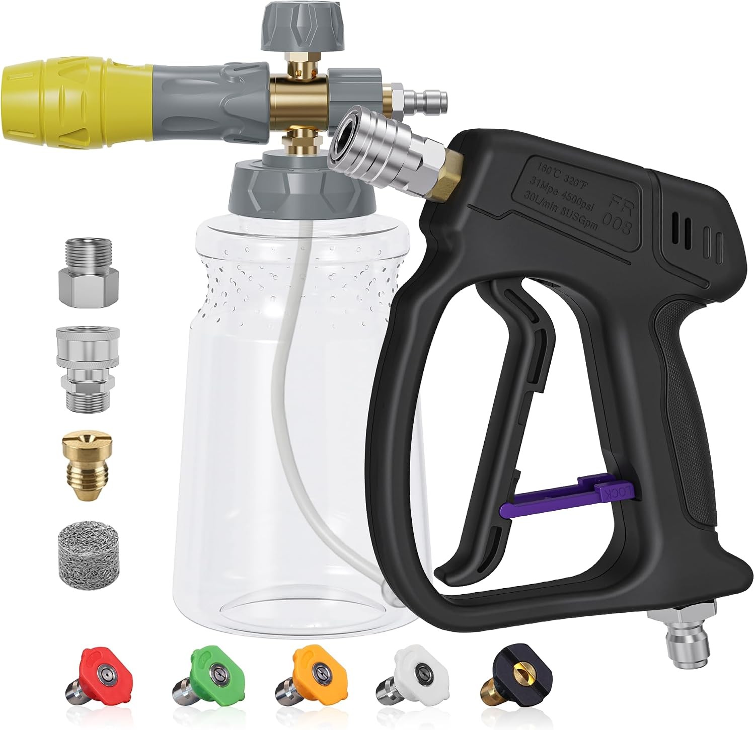 4500 PSI Short Pressure Washer Gun with Foam Cannon, 5 Nozzles, 1/4″ Quick Conne