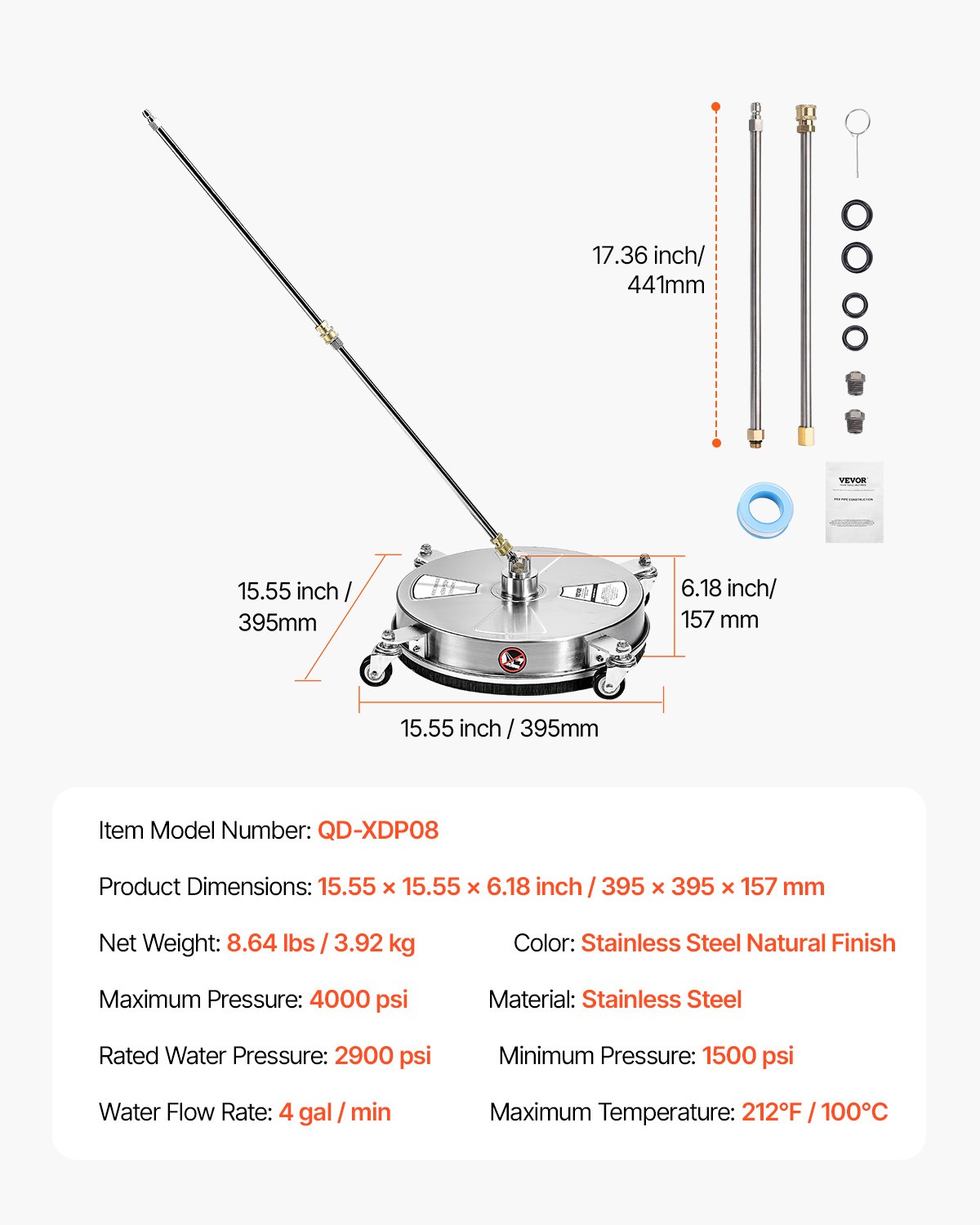 VEVOR 15″ Pressure Washer Surface Cleaner 4 Wheels 4000 Max PSI 2 Extended Wands