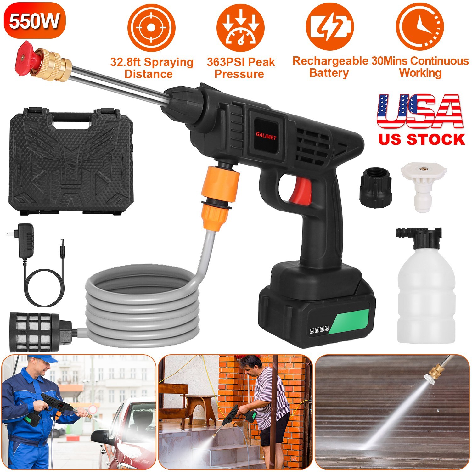 12000mAh Cordless High Pressure Car Washing Gun Pressure Washer Gun w/ 2 Nozzles