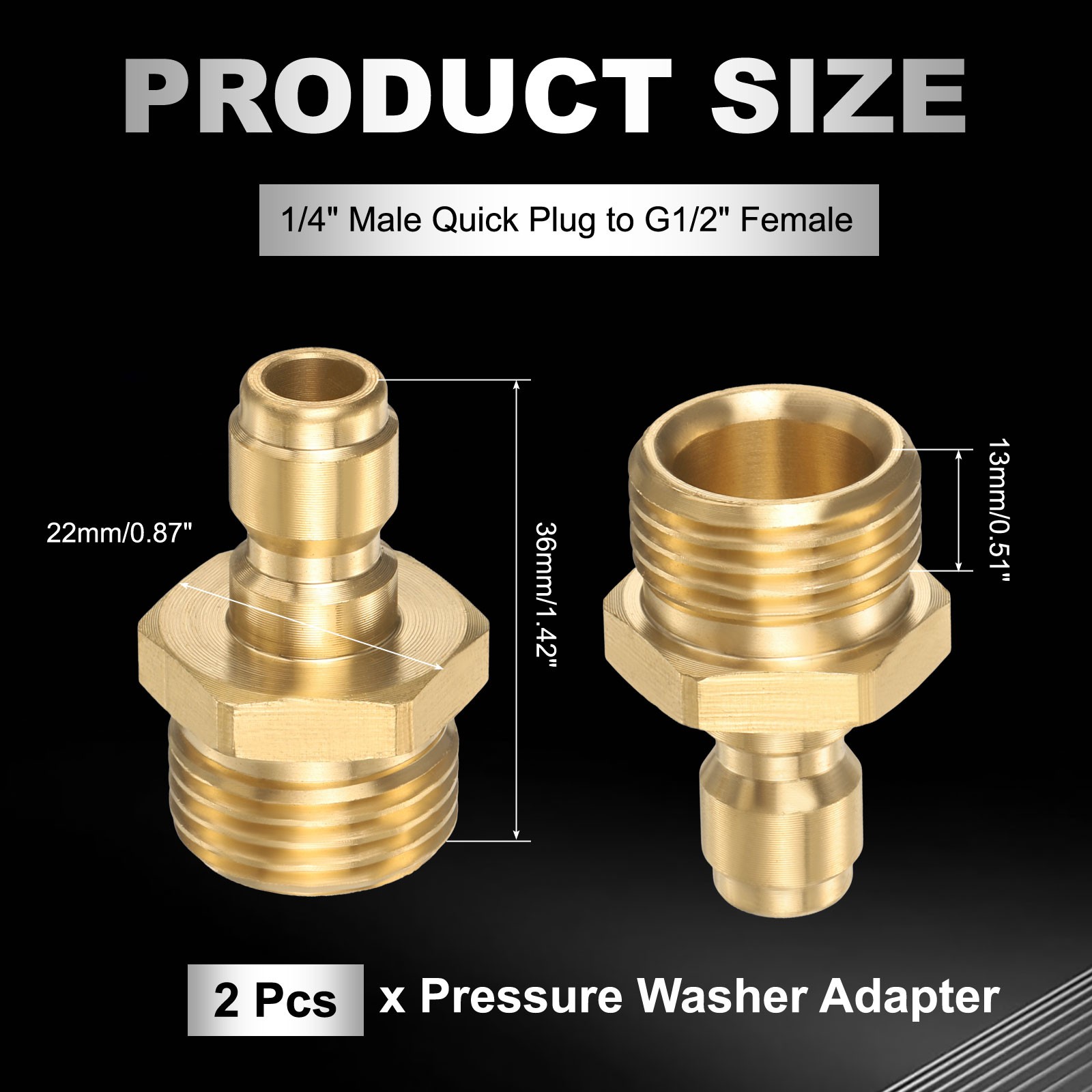 2Pcs Pressure Washer Adapter, 1/4″ Male Quick Plug to G1/2″ Female Brass Fitting