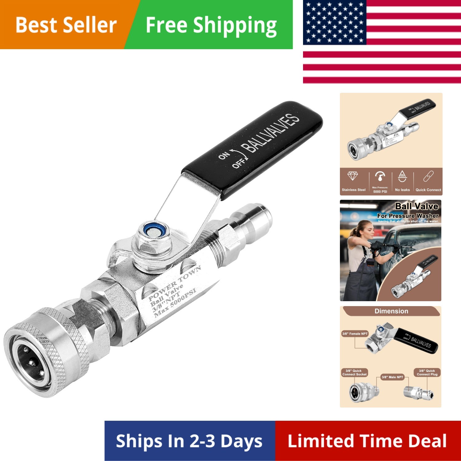 Ball Valve Pressure Washer, 3/8 Inch Quick Connect 5000 PSI, Shut Off Valve f…