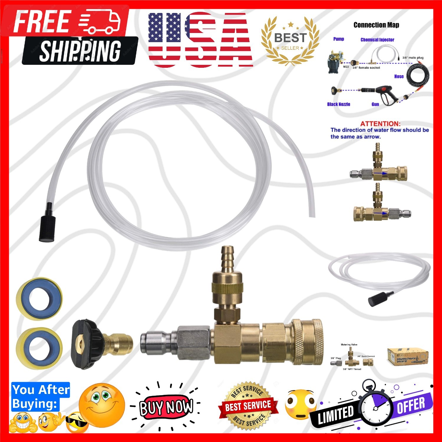 Adjustable Chemical Injector Kit for Pressure Washer, Soap Injector, 3/8 Inch…