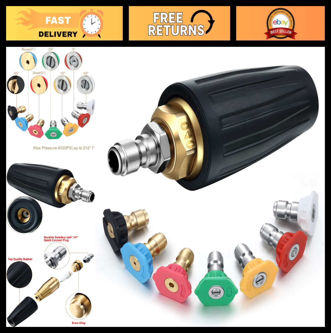 High-Pressure Turbo Nozzle 4000 PSI for Pressure Washer, 7 Spray Tips Kit, Quick