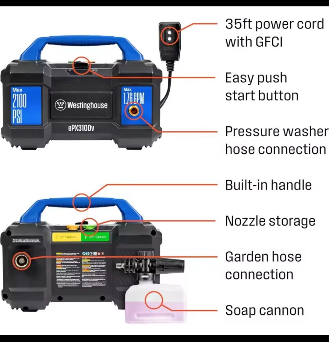 Westinghouse ePX3100v Electric Pressure Washer, 2100 PSI, Foam Cannon, 4-Nozzle