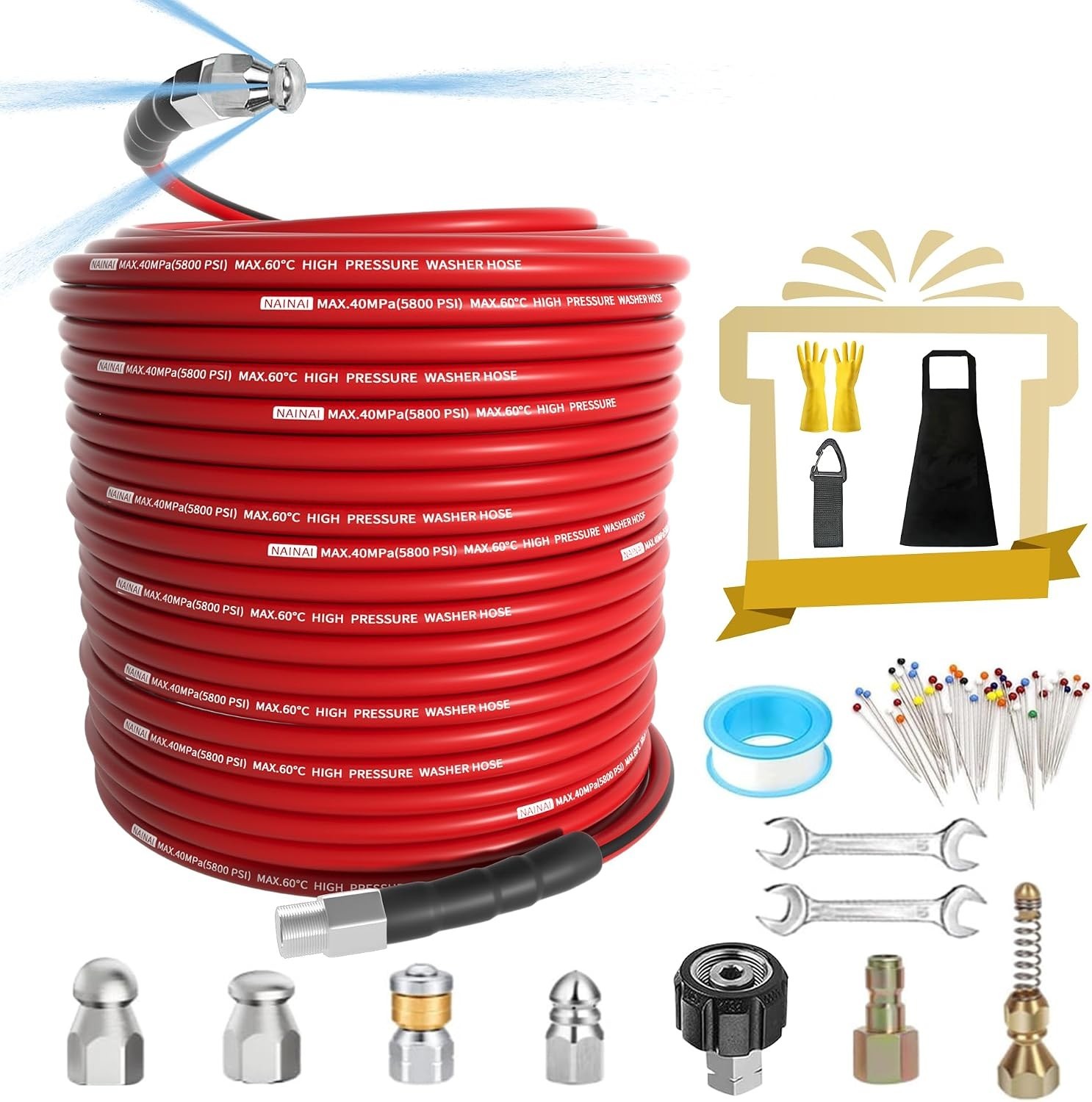 150FT High-Pressure Sewer Jetter Kit with Nozzles & Accessories – 5800 PSI