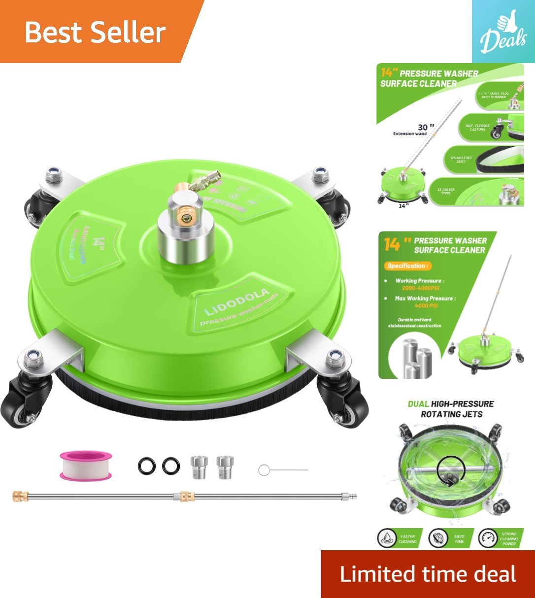 Eco-Friendly 14″ Pressure Washer Surface Cleaner – Green Stainless Steel Design